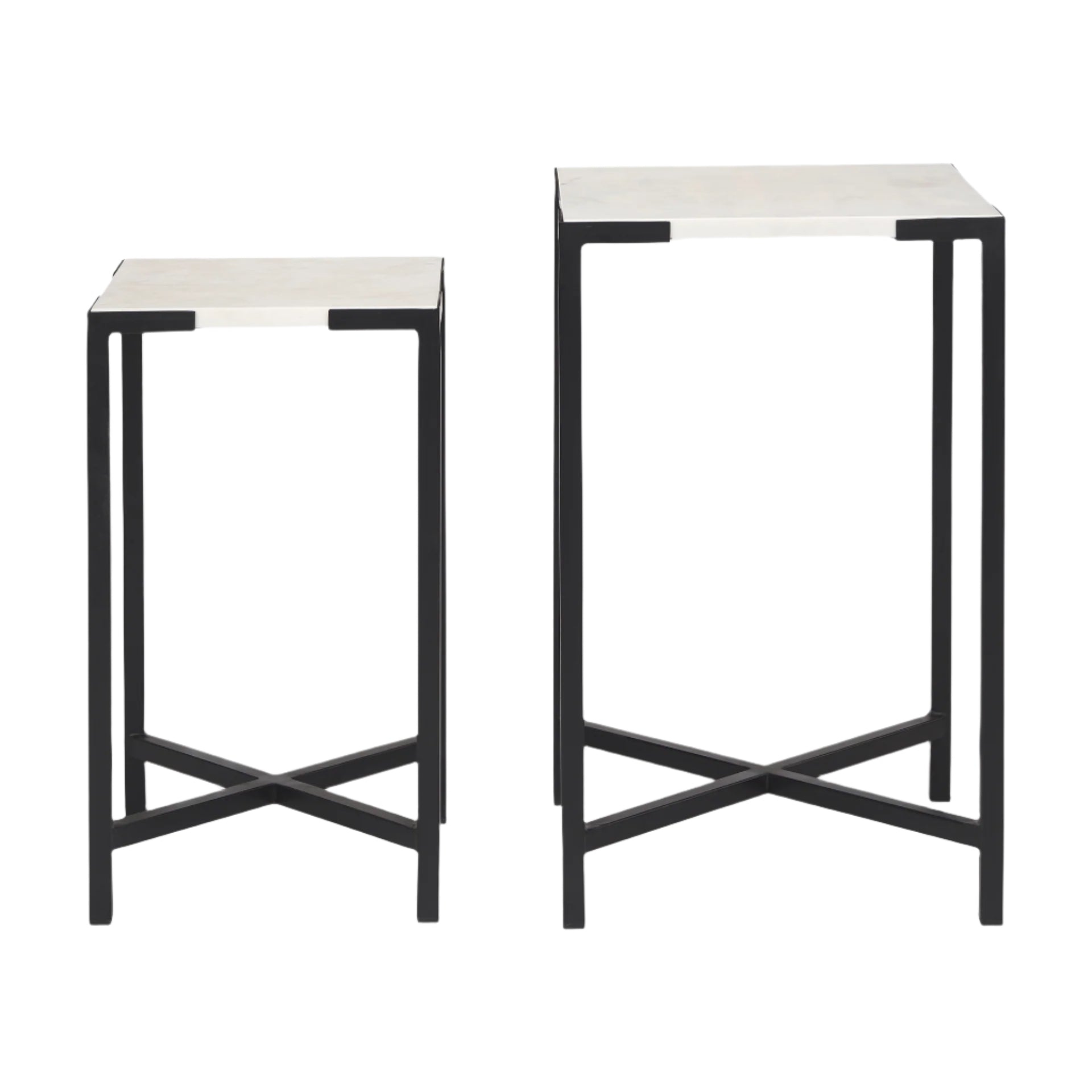 Two black-framed side tables with white marble tops 