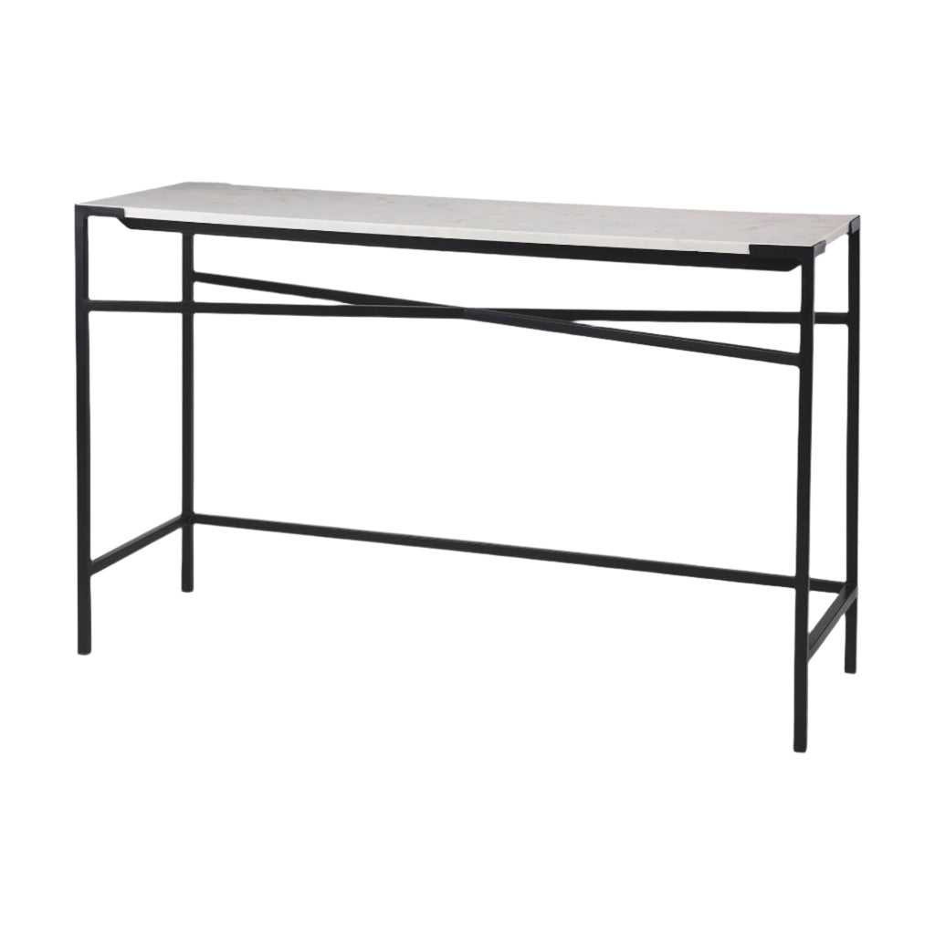 Black metal console table with a white marble top