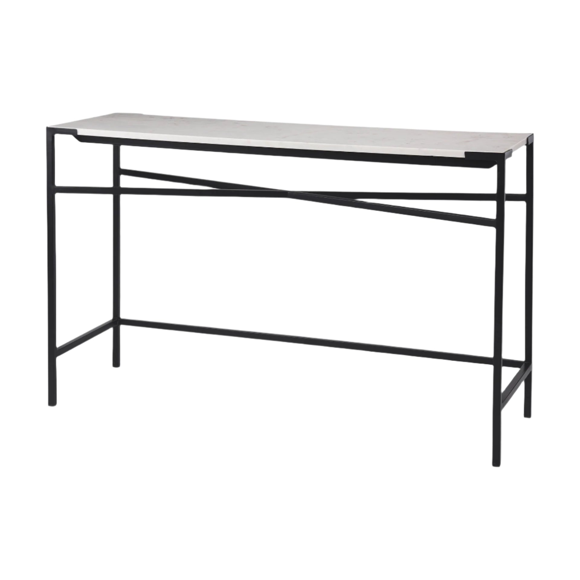 Black metal console table with a white marble top