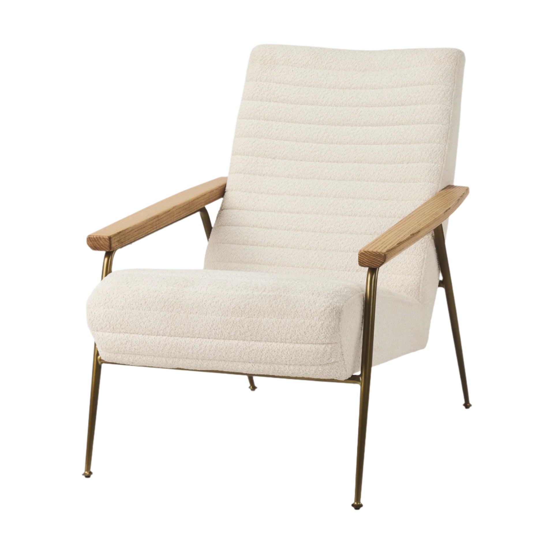 Beige armchair with wooden arms and brass legs