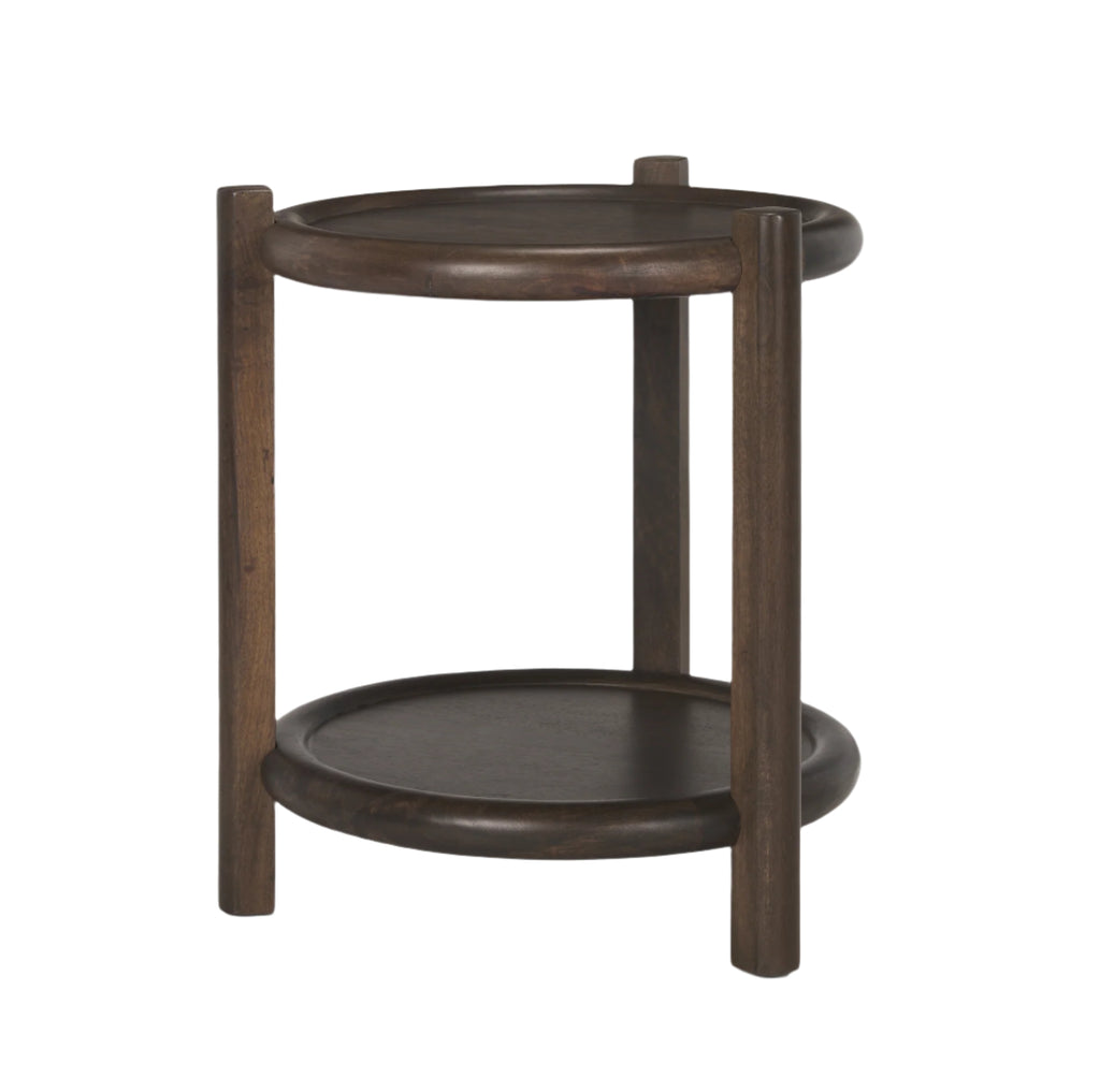 Round wooden side table with two shelves 