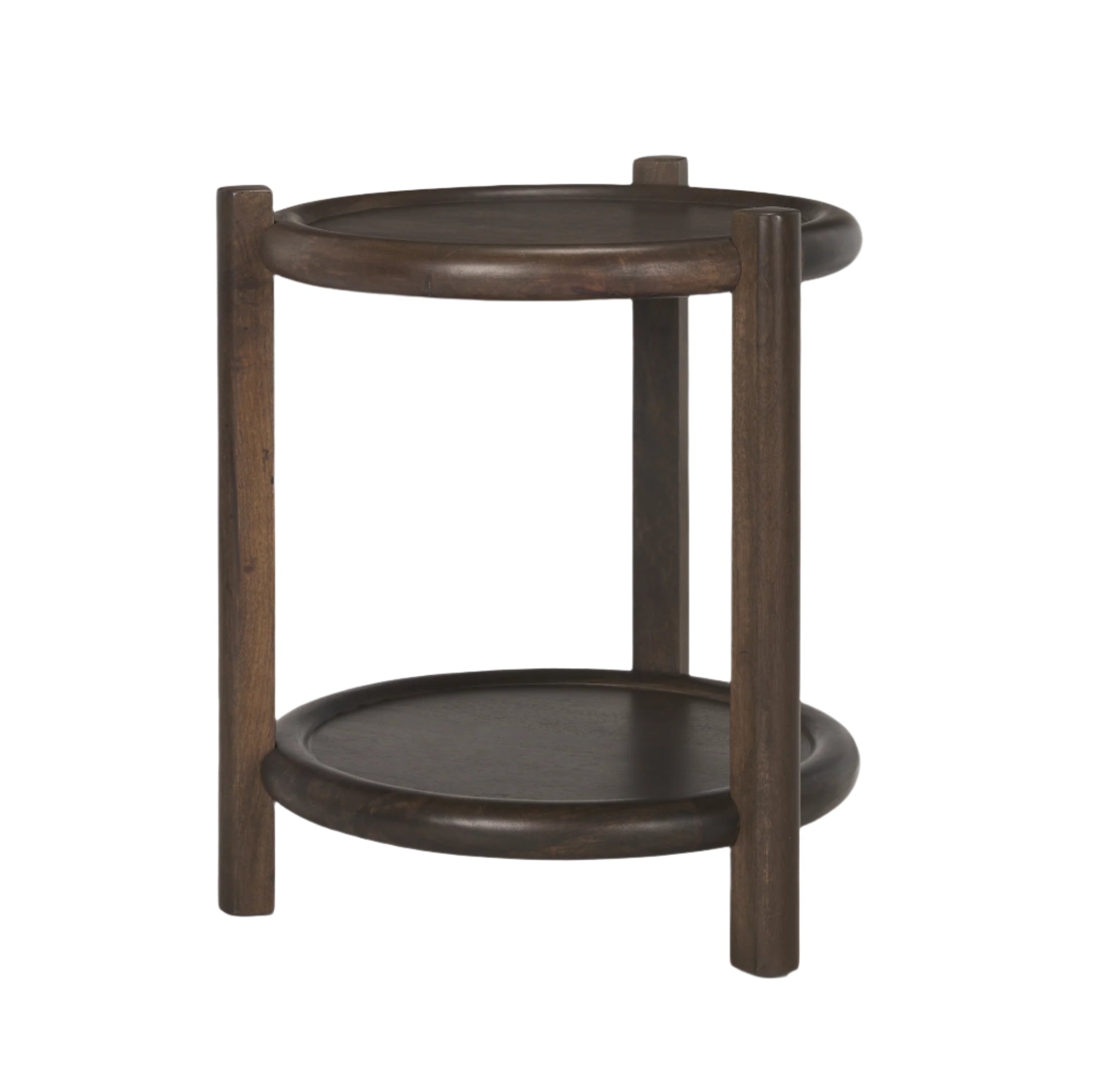 Round wooden side table with two shelves 
