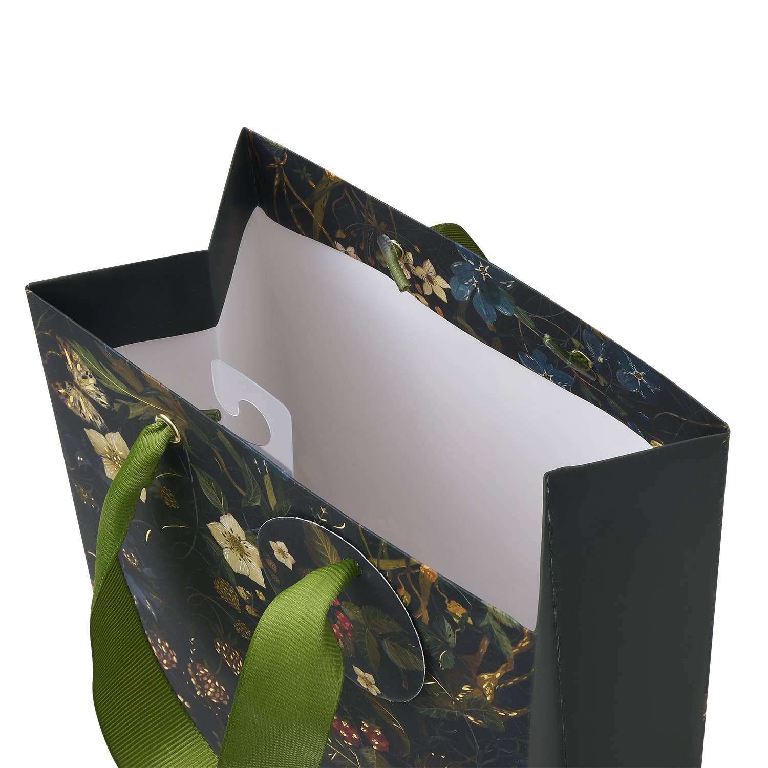 Gift bag with floral design and green ribbon 