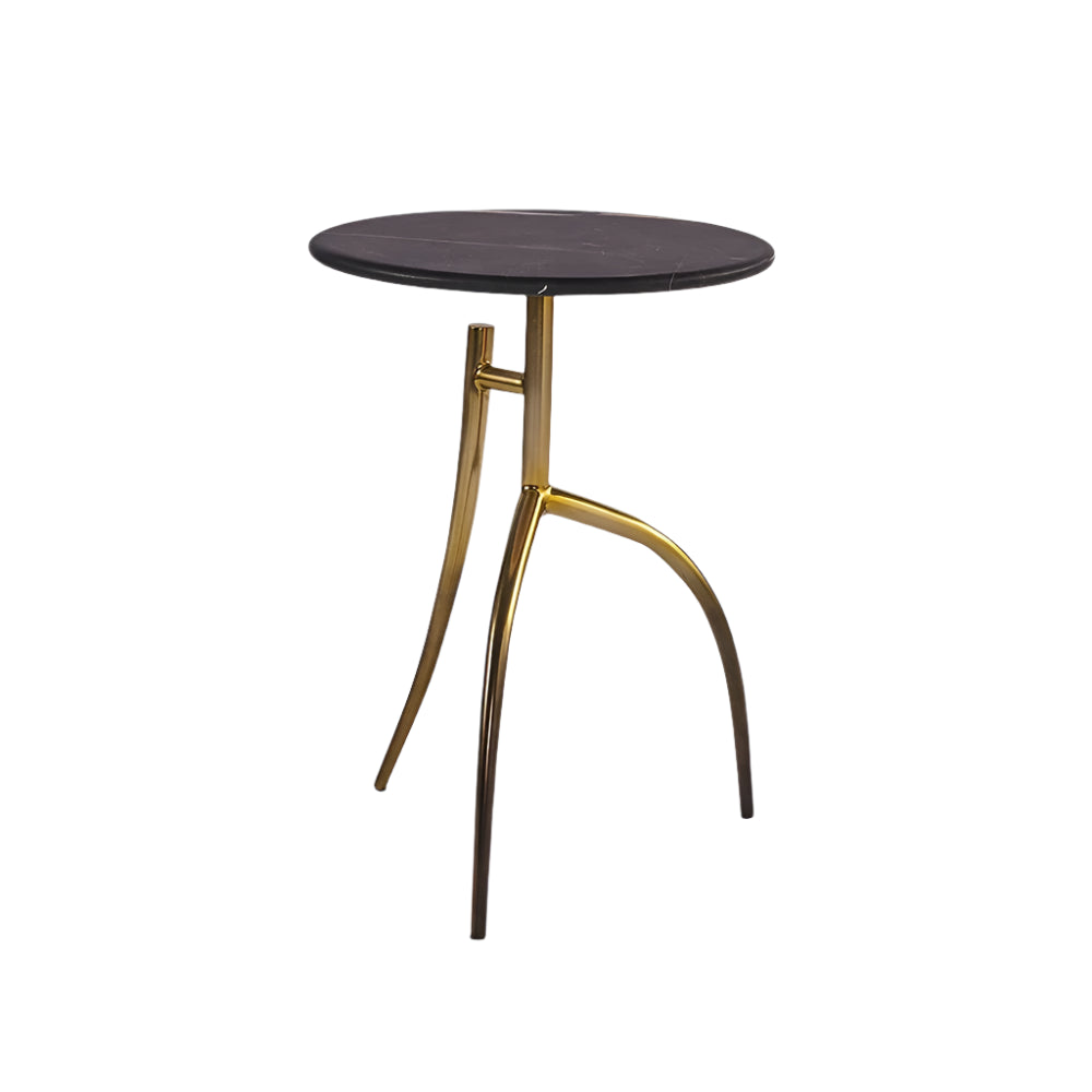Small round table with a dark top and gold metal legs