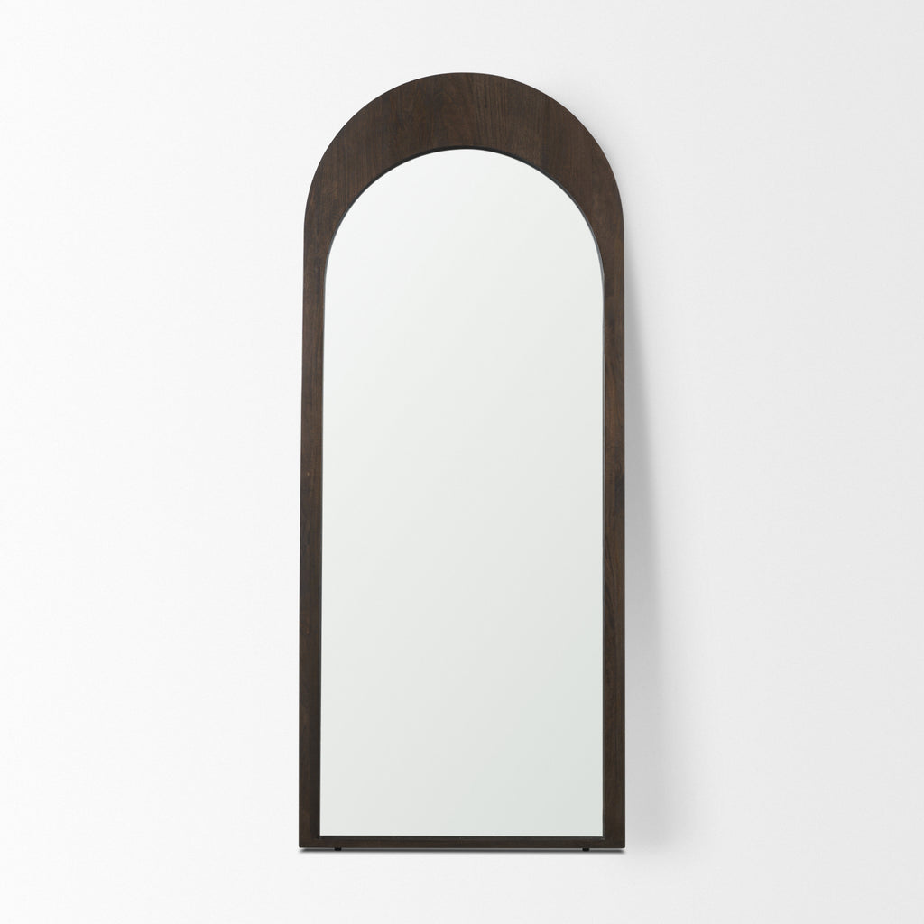 The full length arched Celeste Wall Mirror with solid mango wood frame has a smooth dark brown finish.
