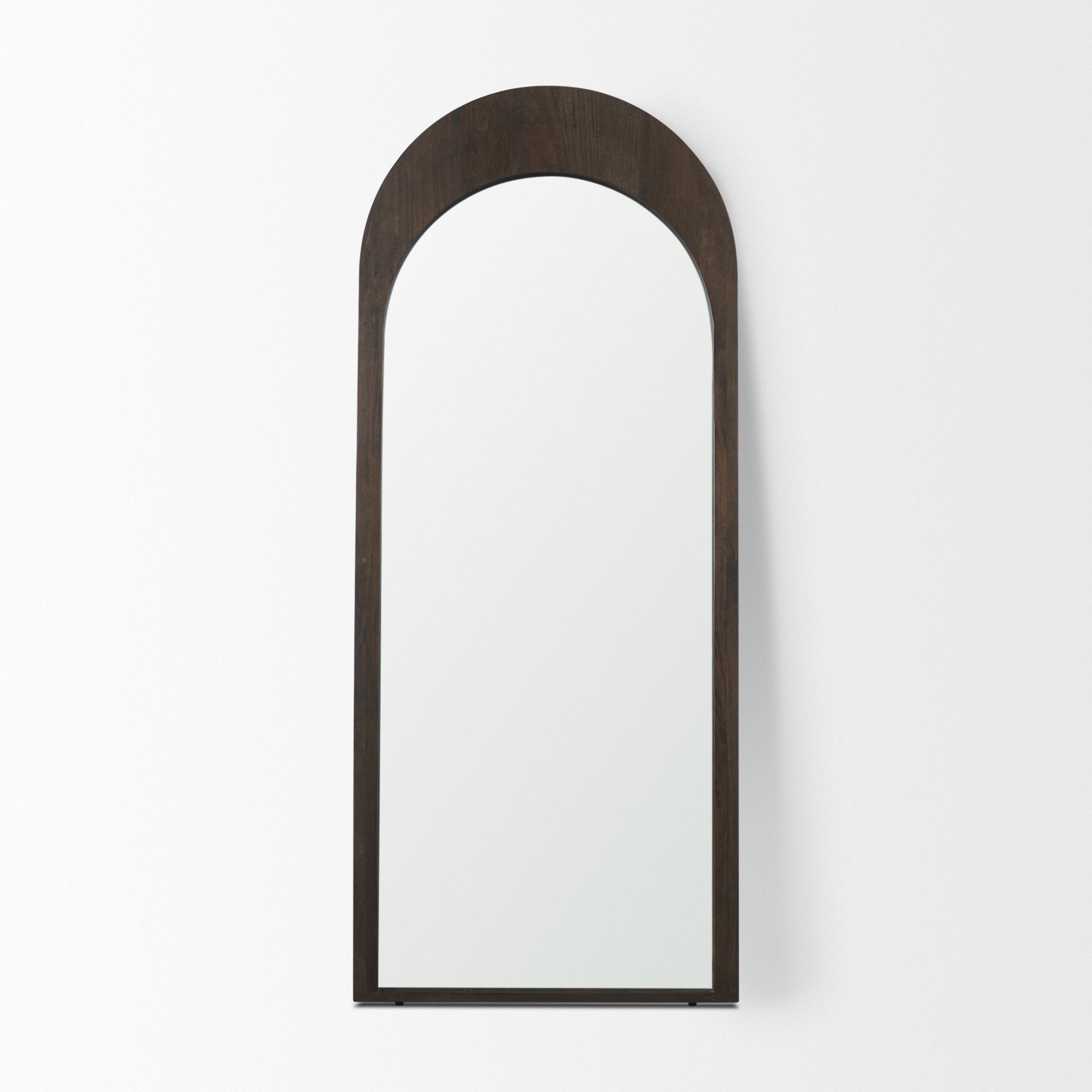 The full length arched Celeste Wall Mirror with solid mango wood frame has a smooth dark brown finish.