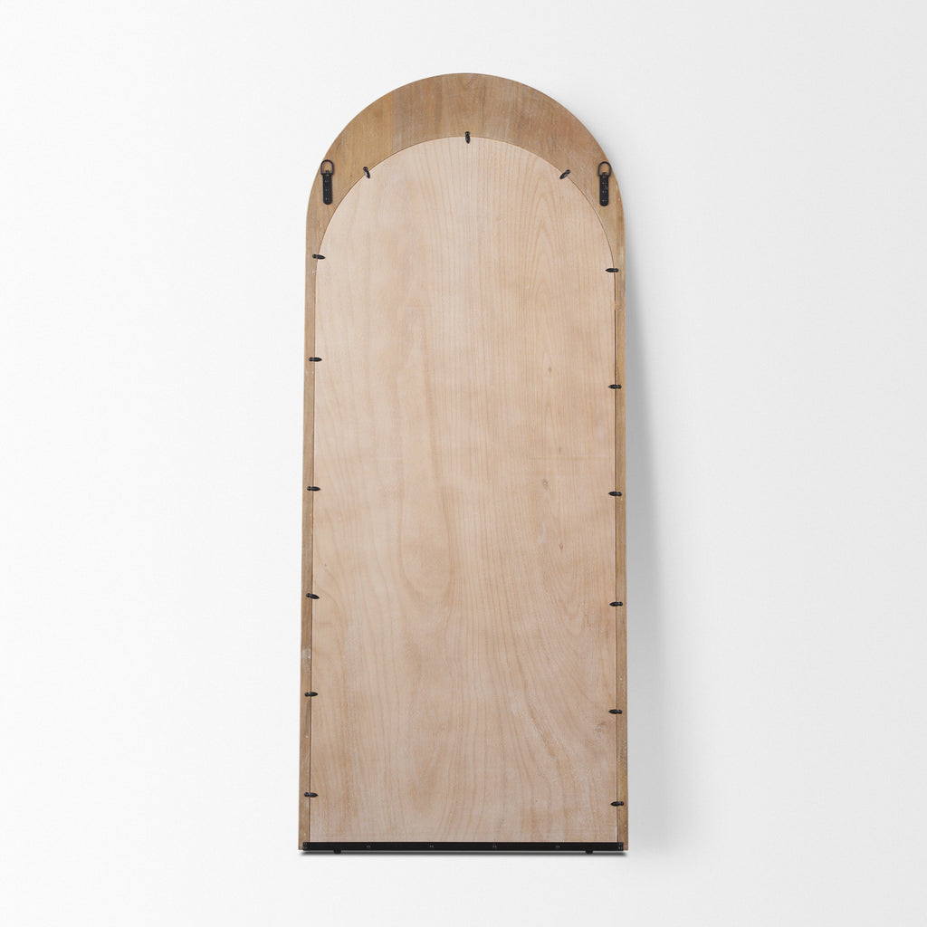 The full length Arched Celeste Mirror with solid mango wood frame has a smooth light brown finish.