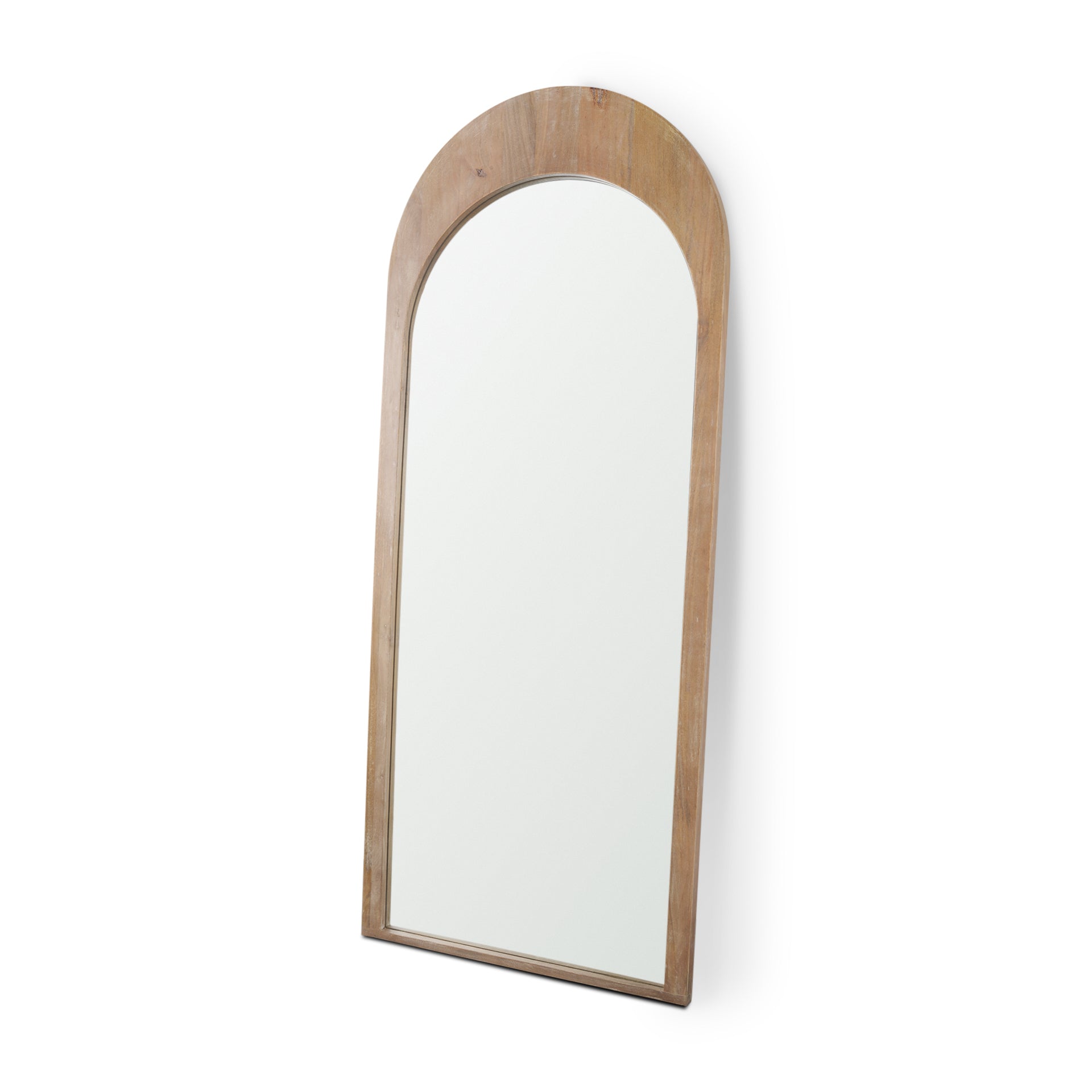 The full length Arched Celeste Mirror with solid mango wood frame has a smooth light brown finish.