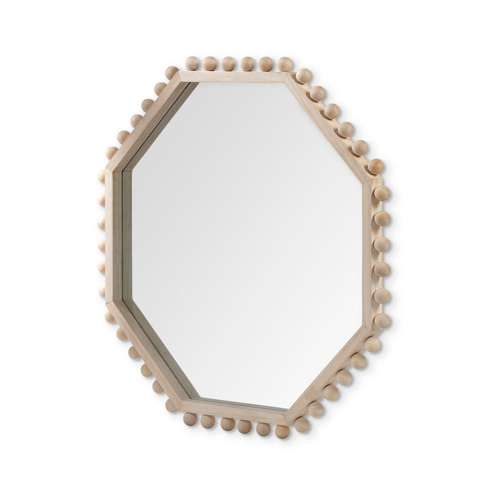 A WOOD FRAMED MIRROR WITH AN octogonal SHAPE AND BEADED DETAIL AROUND THE EDGE.