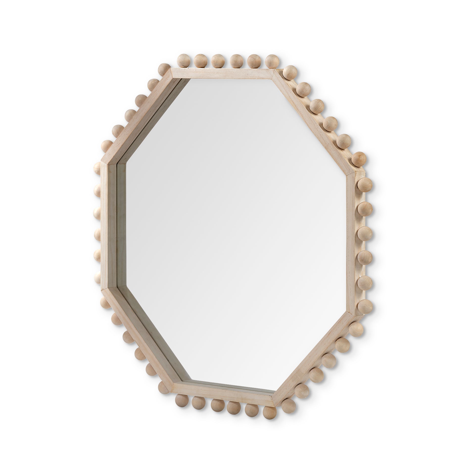A WOOD FRAMED MIRROR WITH AN octogonal SHAPE AND BEADED DETAIL AROUND THE EDGE.