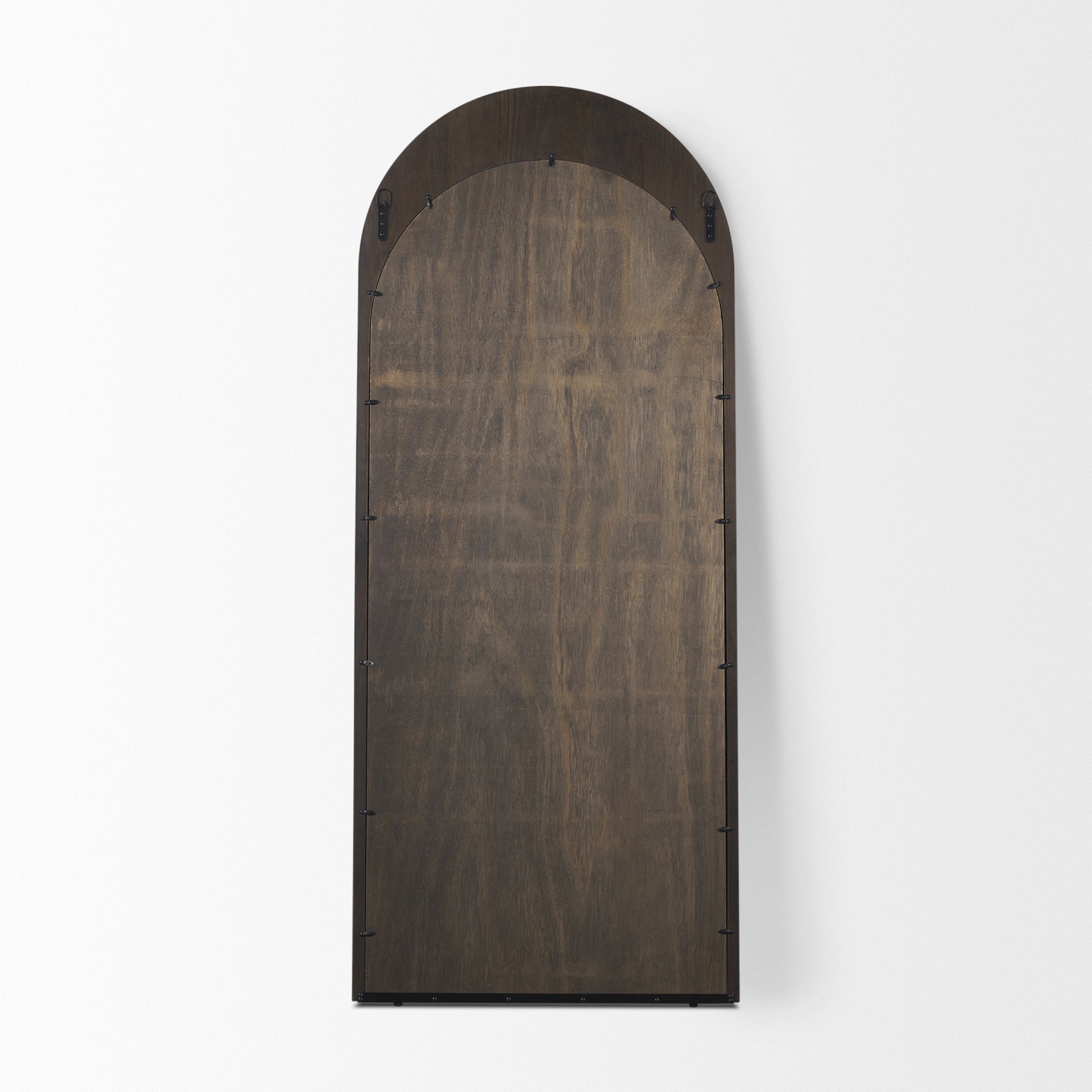 The full length arched Celeste Wall Mirror with solid mango wood frame has a smooth dark brown finish.