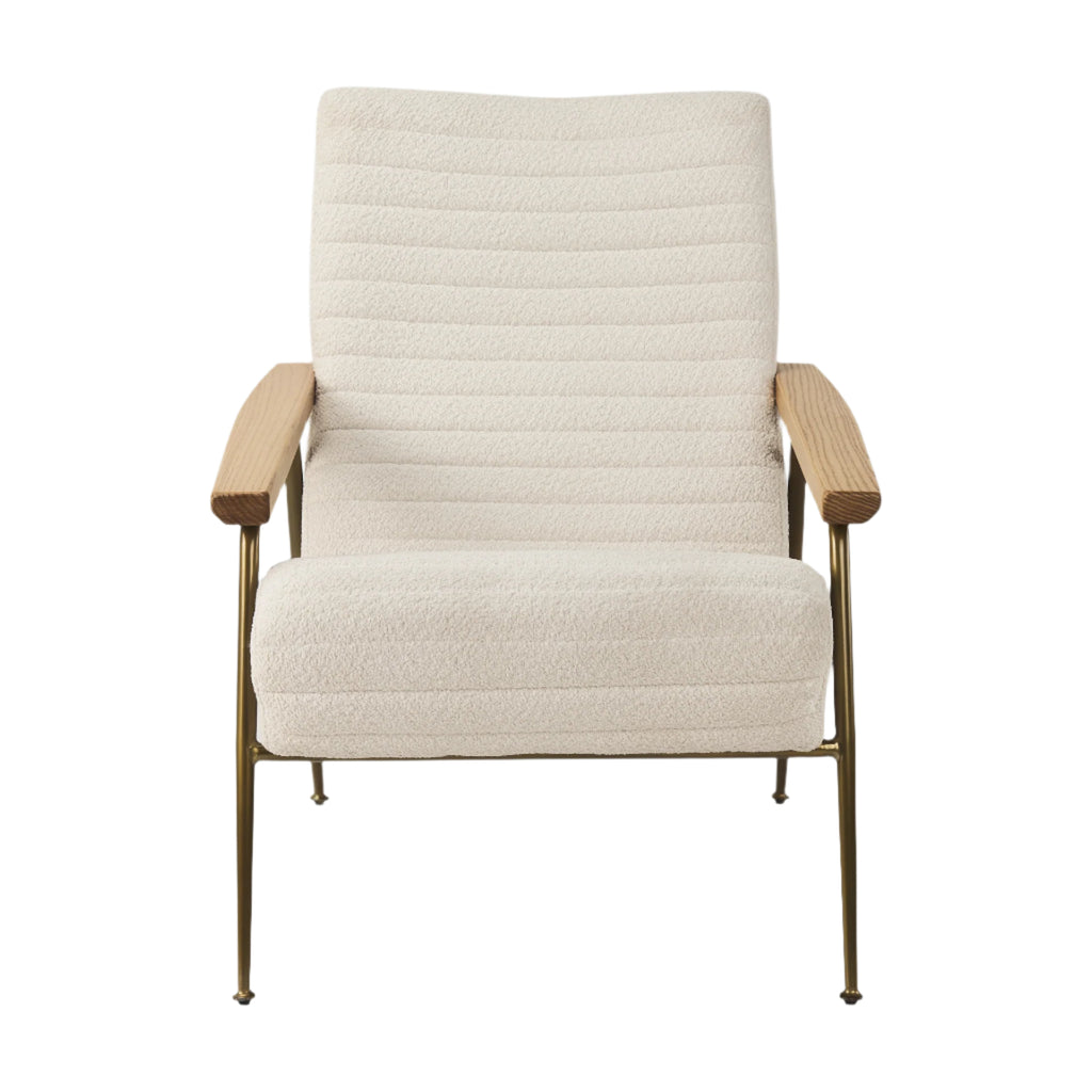 Beige armchair with wooden arms and brass legs