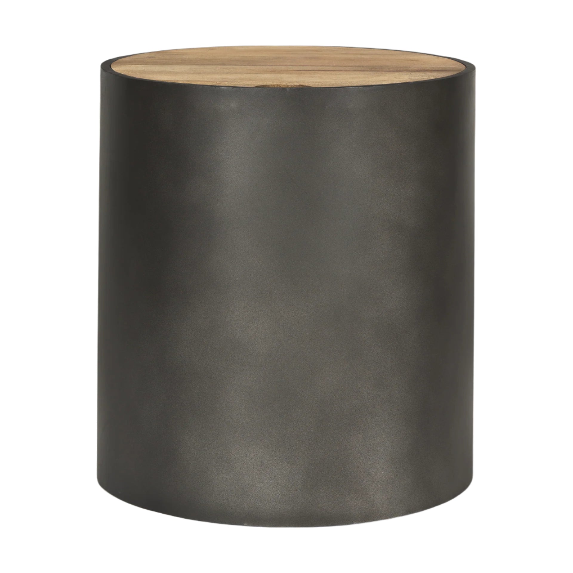 Black cylindrical side table with a wooden top