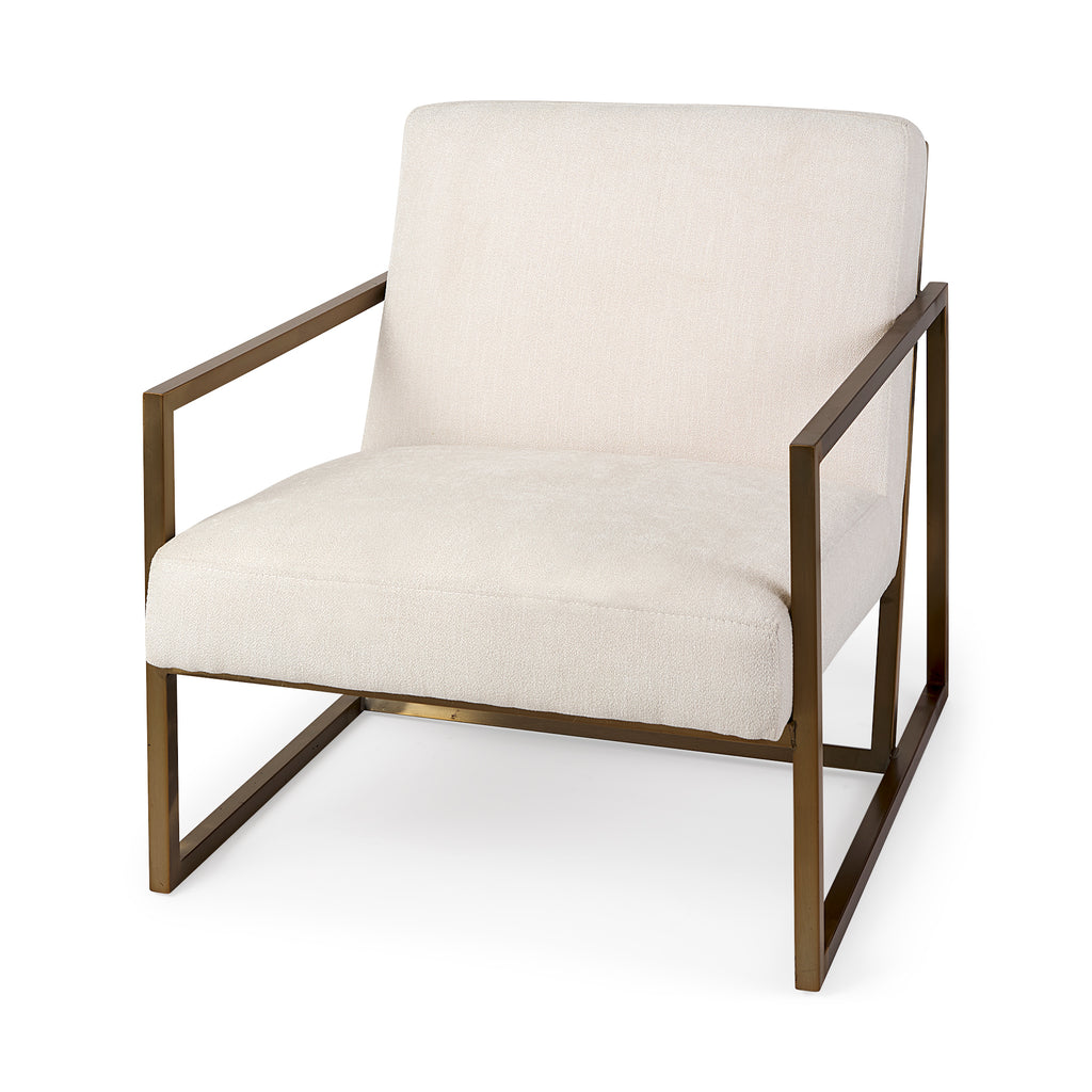 A metal and fabric accent chair oozing angular elegance.  Gold metal frame and cream fabric.