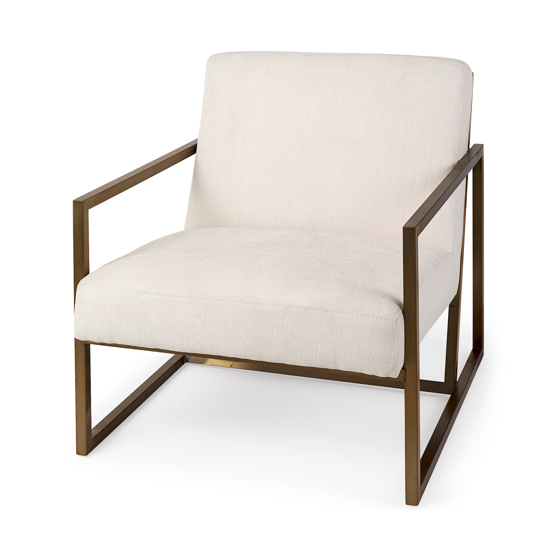 A metal and fabric accent chair oozing angular elegance.  Gold metal frame and cream fabric.