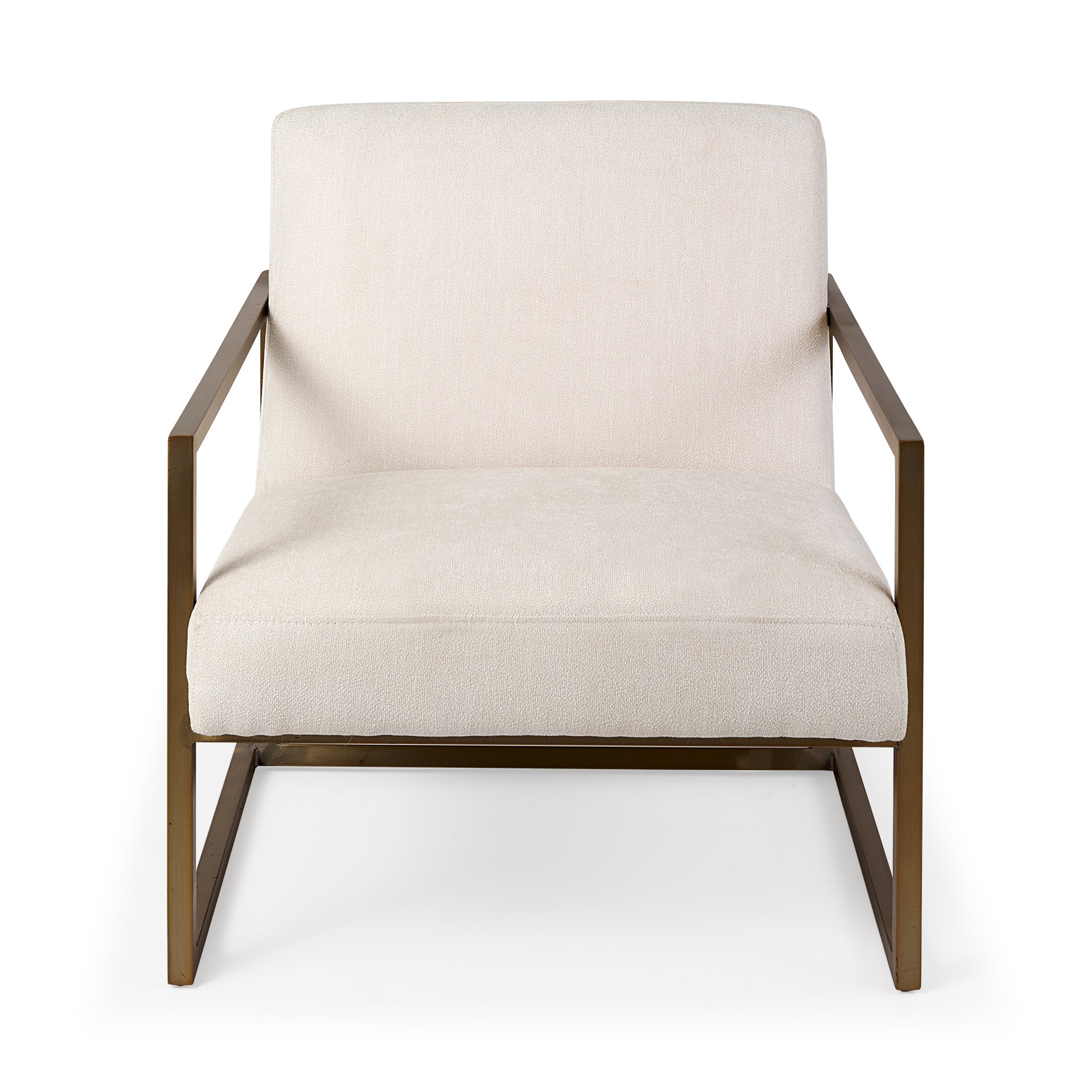 A metal and fabric accent chair oozing angular elegance.  Gold metal frame and cream fabric.