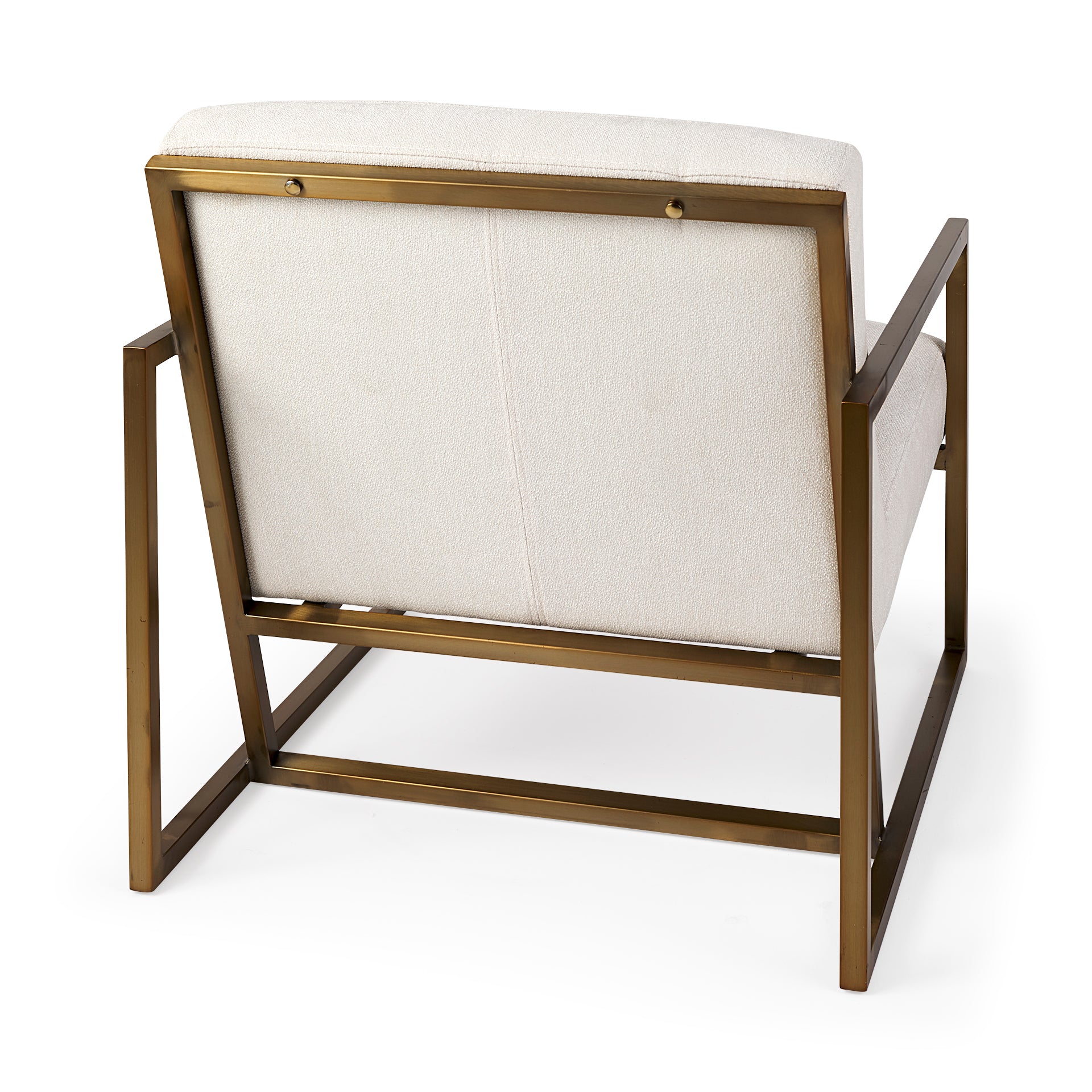 A metal and fabric accent chair oozing angular elegance.  Gold metal frame and cream fabric.