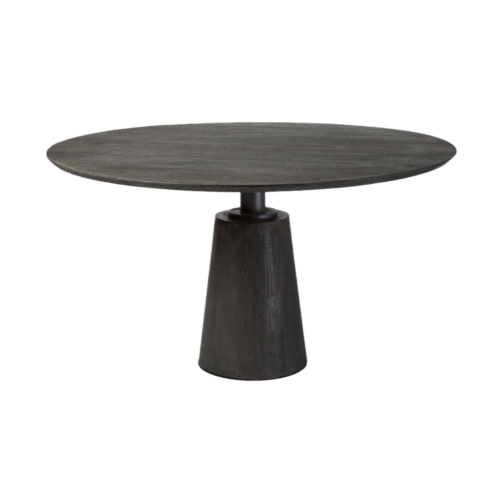 Round black dining table with a single pedestal base