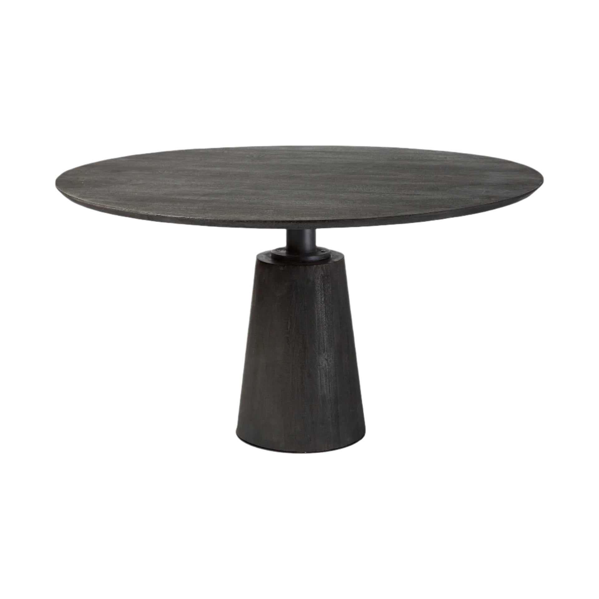 Round black dining table with a single pedestal base
