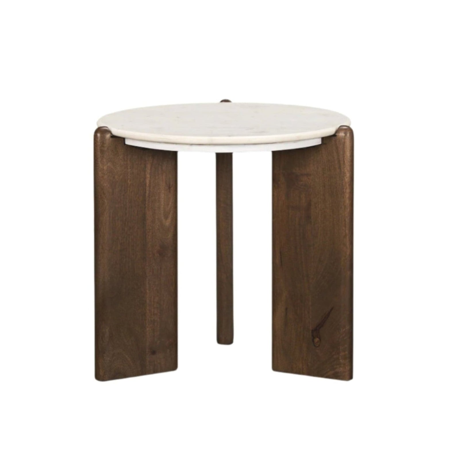 Small round table with a white top and dark brown wooden legs