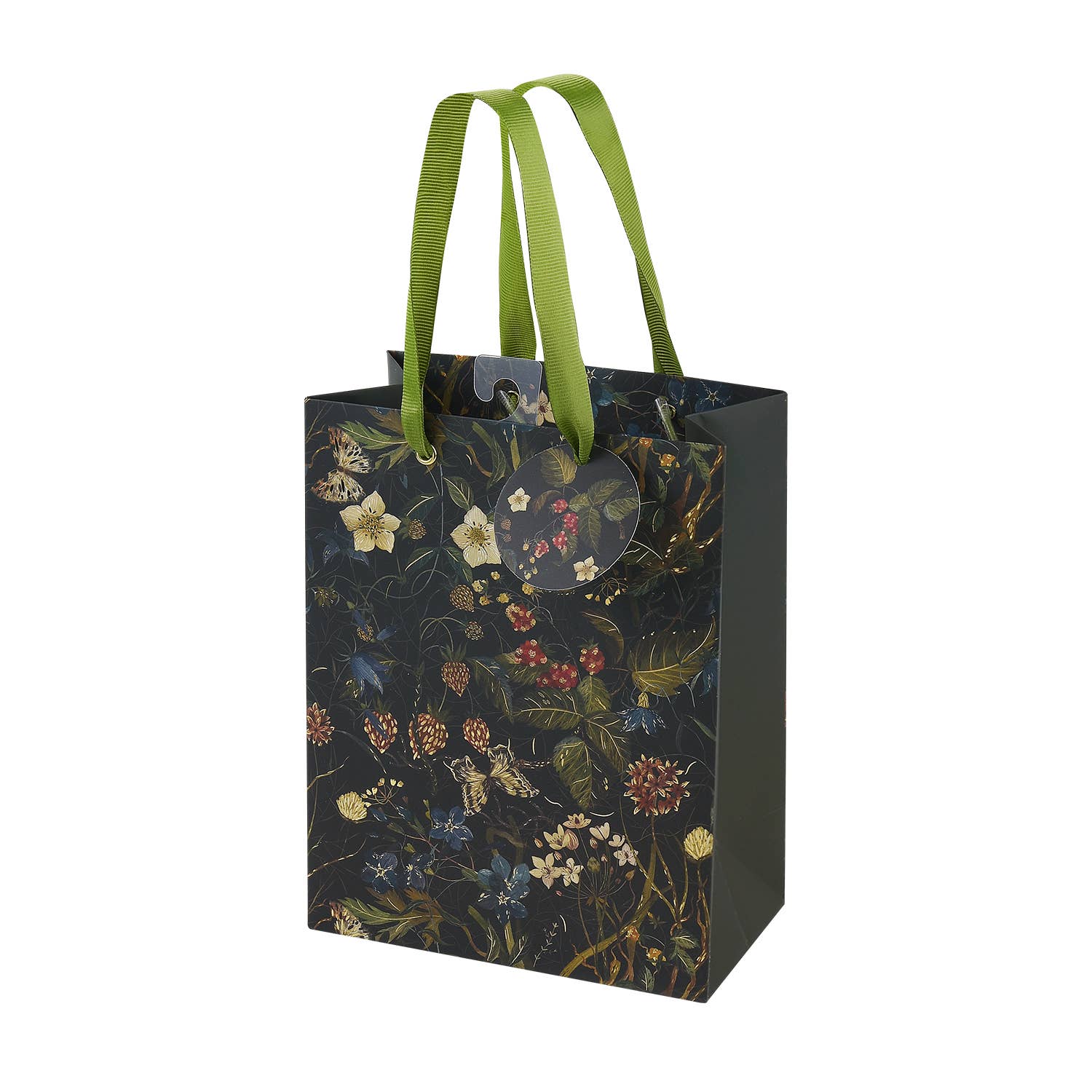 Floral-patterned gift bag with green handles 