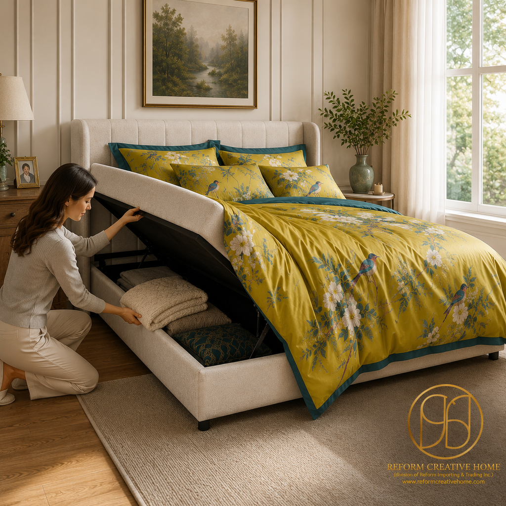 Moni Upholstered Lift Storage Queen Bed - Beige