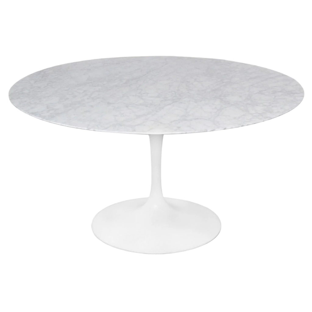 Round marble table with a white base