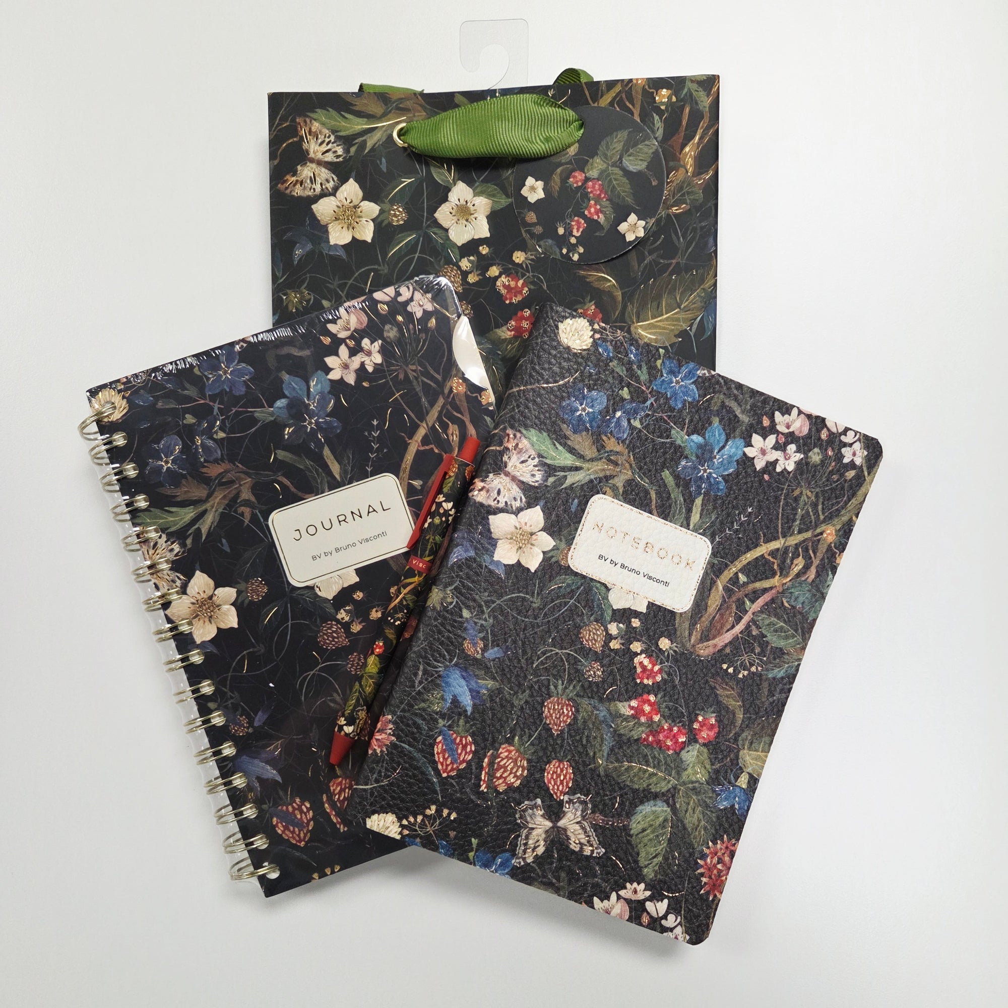 Forest Flowers Gift Set - Matching Art Journal, Vegan Leather Notebook, Ballpoint Pen and Gift Bag