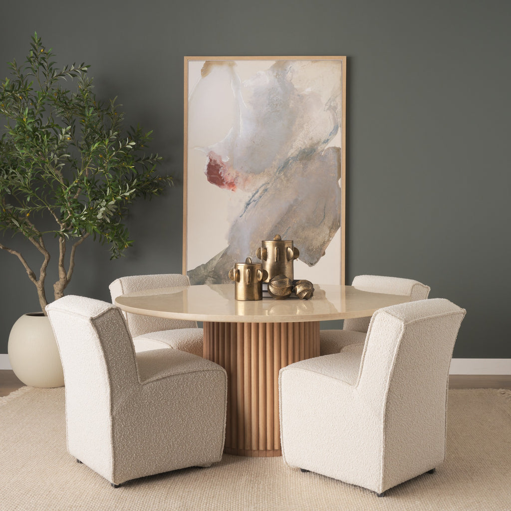 Marbrello 60" Botticino Marble Top Light Brown Fluted Wood Round Dining Table
