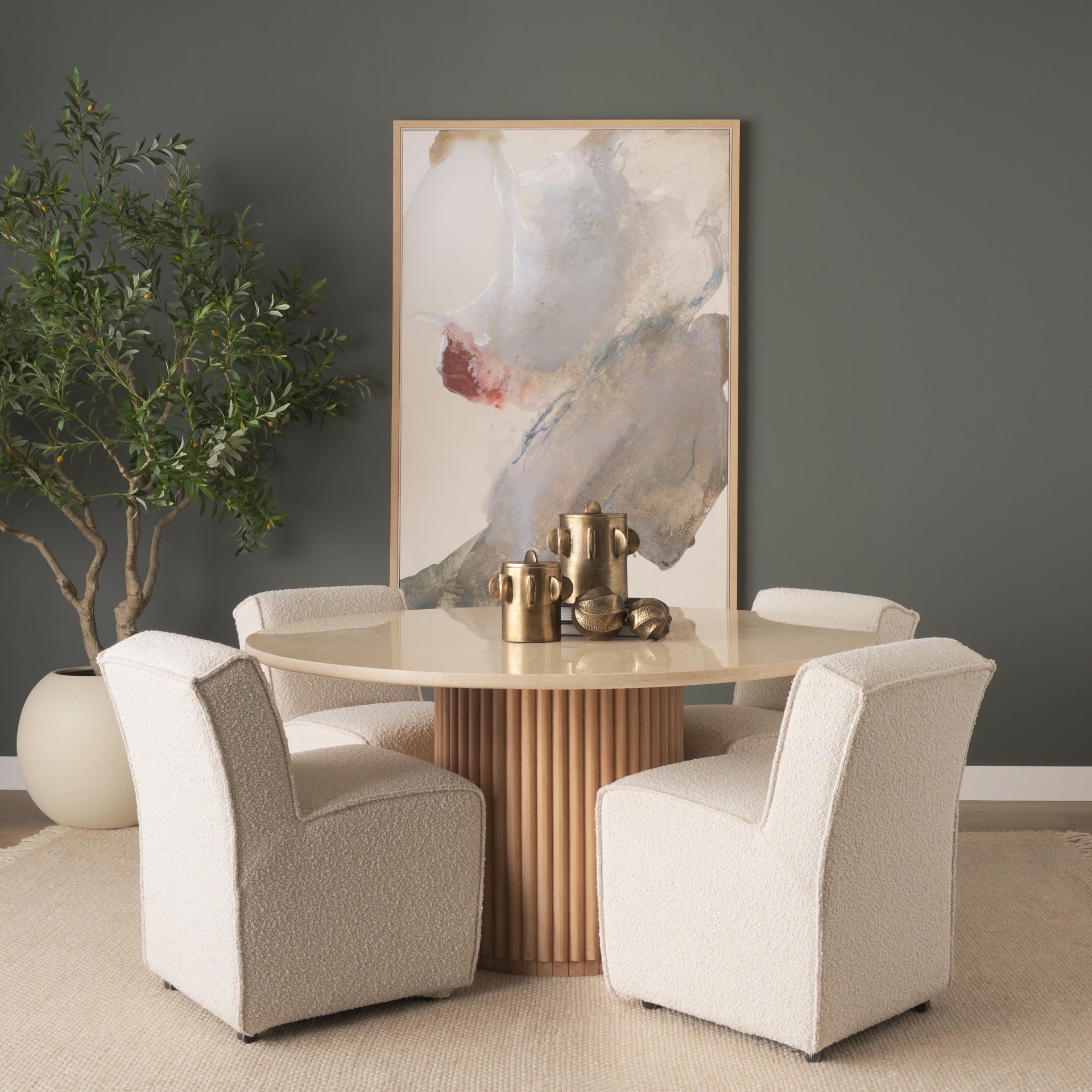 Marbrello 60" Botticino Marble Top Light Brown Fluted Wood Round Dining Table