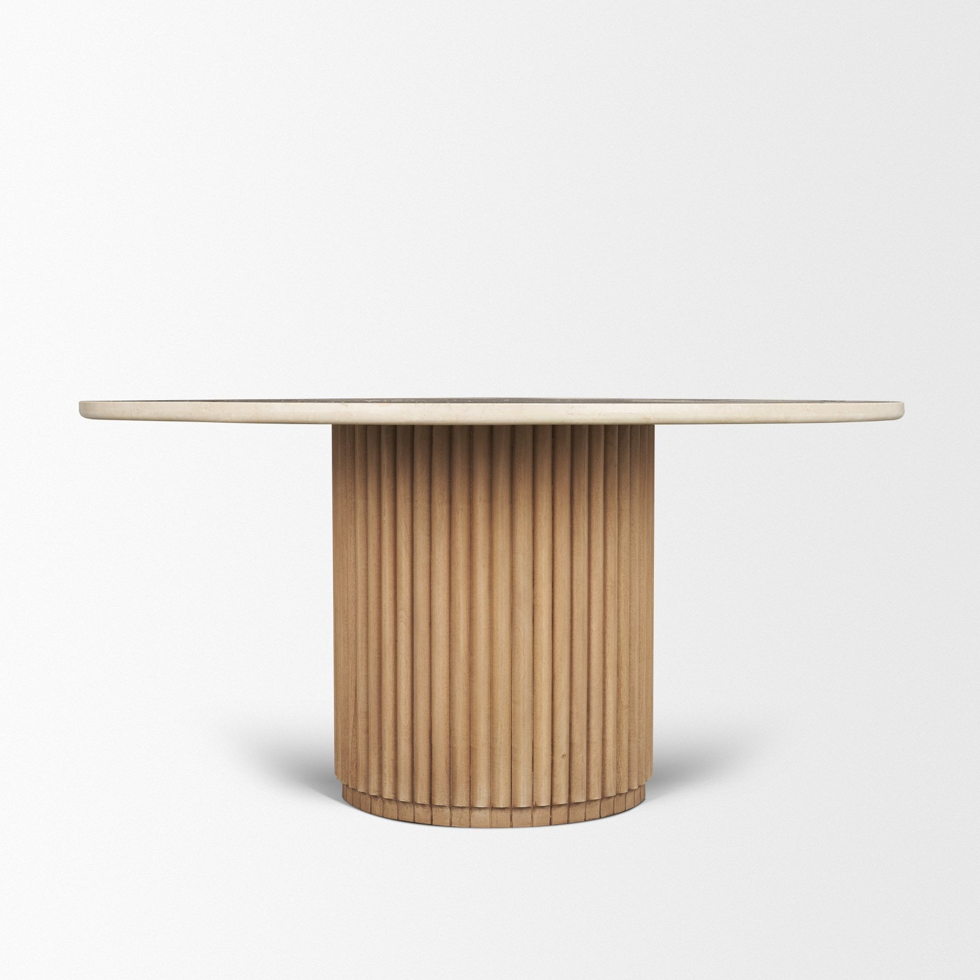 Marbrello 60" Botticino Marble Top Light Brown Fluted Wood Round Dining Table