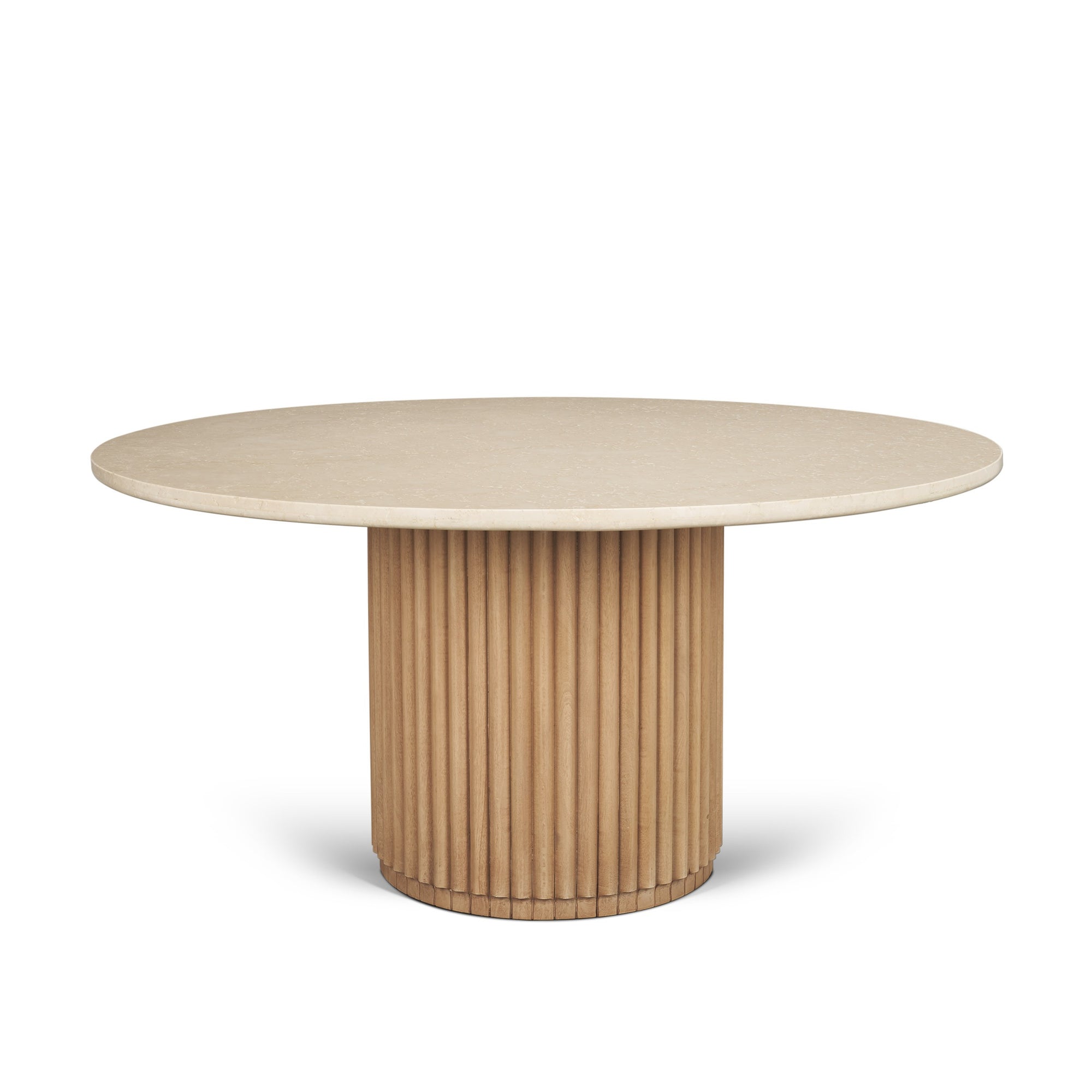 Marbrello 60" Botticino Marble Top Light Brown Fluted Wood Round Dining Table