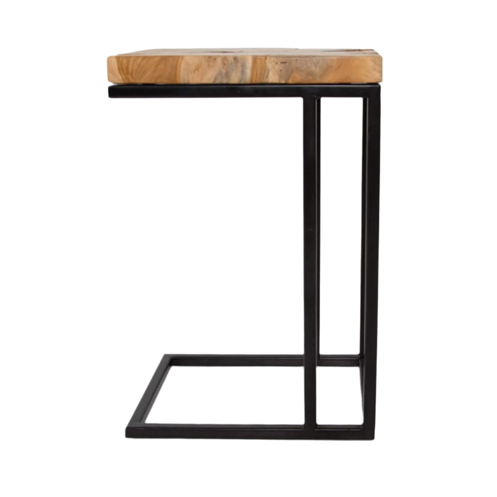 Side table with wooden top and black metal frame