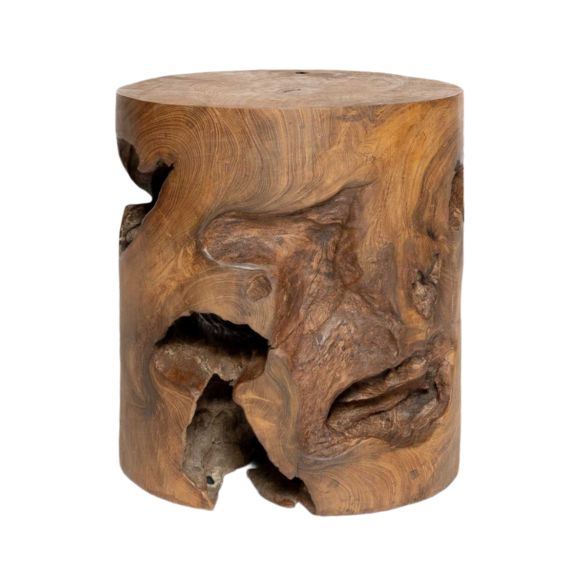 Wooden stool with natural bark texture
