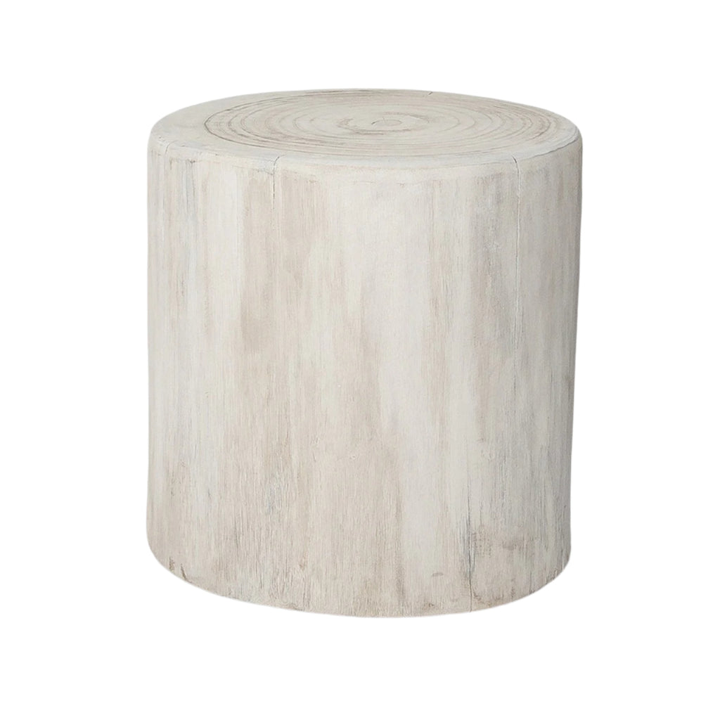 Round wooden stool with a light finish
