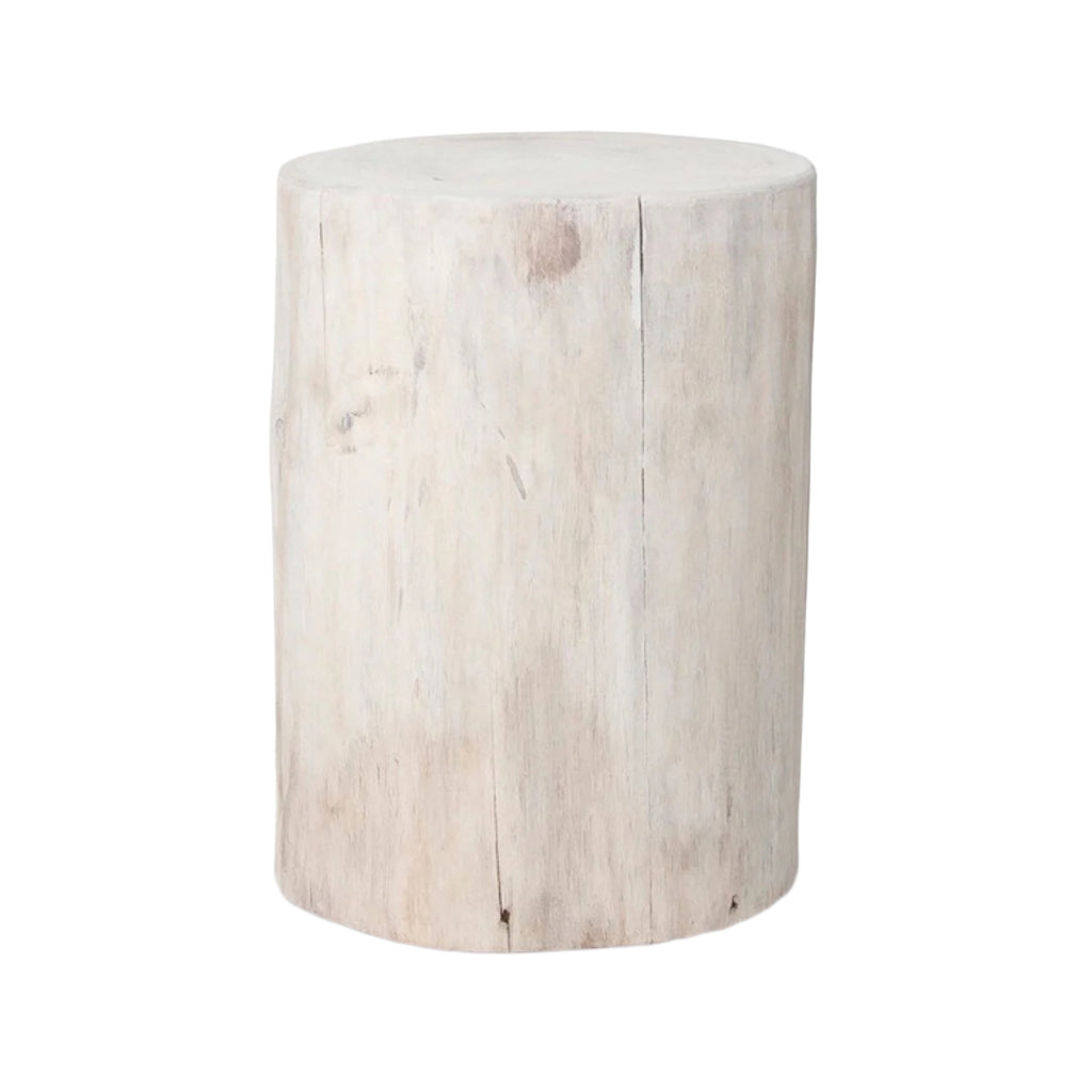 Round wooden stool with a white washed finish