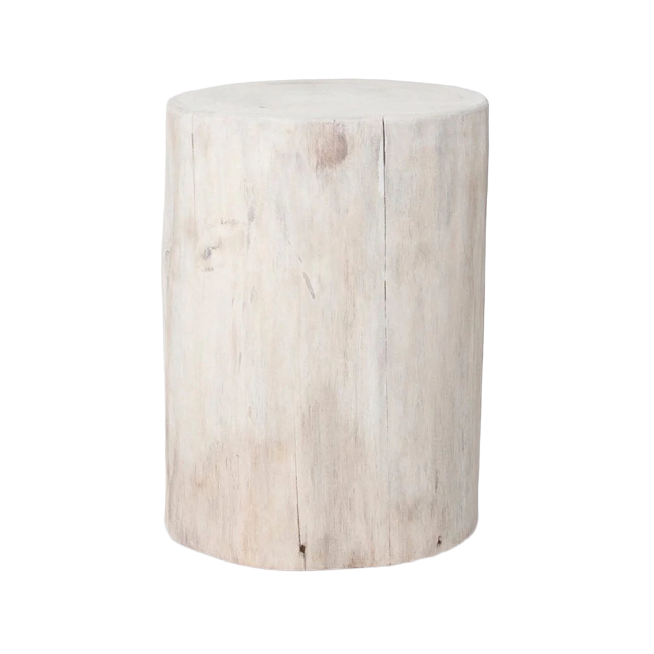 Round wooden stool with a white washed finish