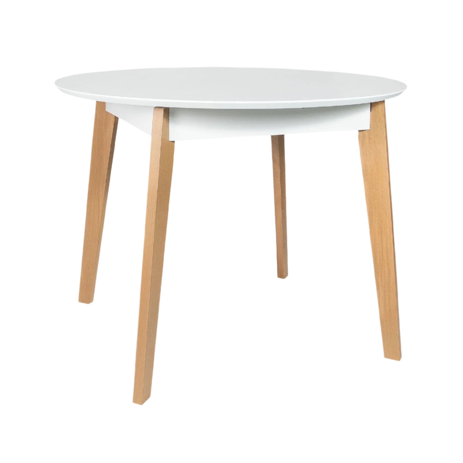 Round white table with wooden legs