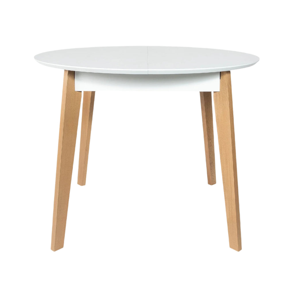 Round white table with wooden legs