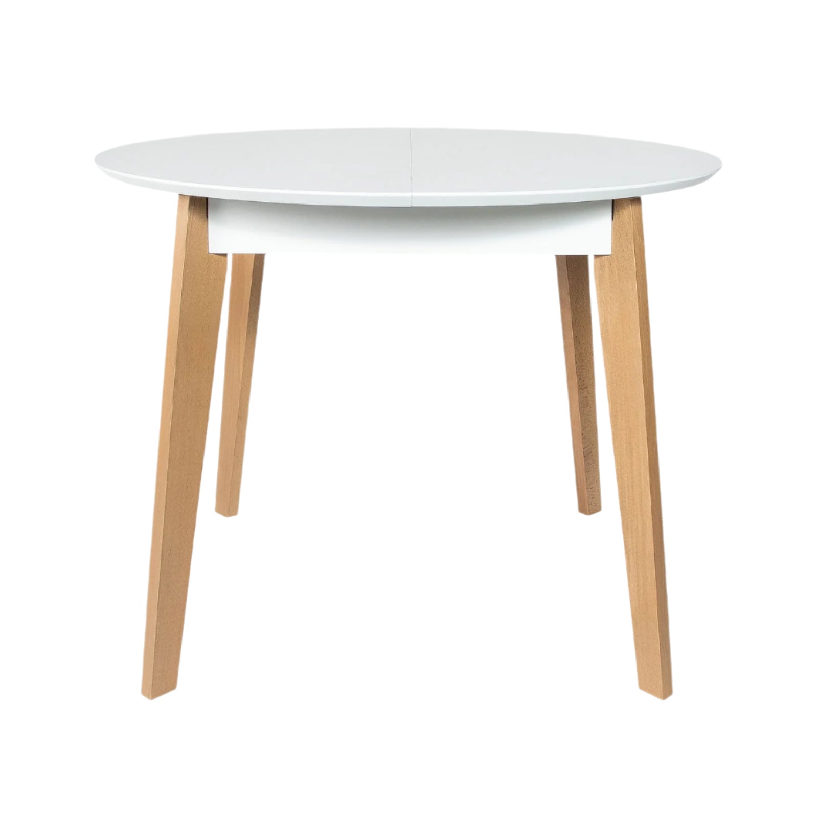 Round white table with wooden legs