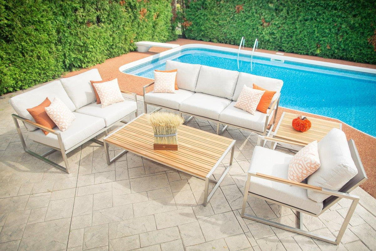 coffee tableAcacia Stainless Steel & Teak Top Outdoor Coffee Table - Dekor Butik