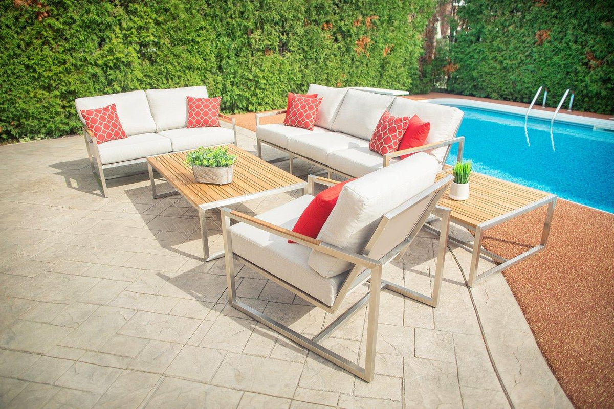 coffee tableAcacia Stainless Steel & Teak Top Outdoor Coffee Table - Dekor Butik