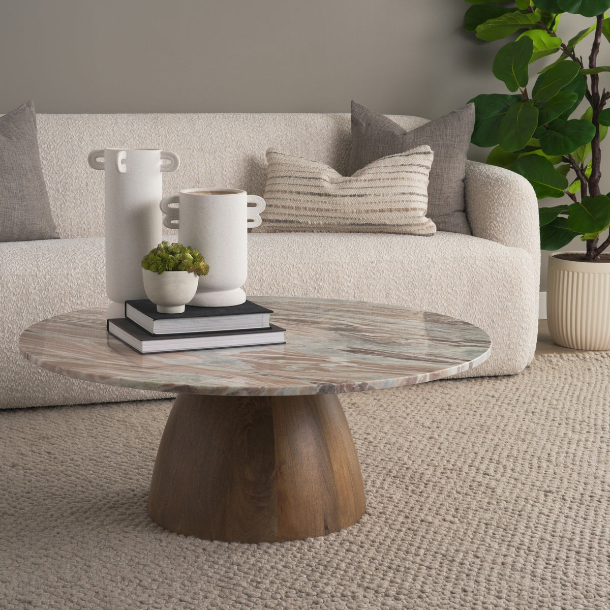 Allyson Round Brown Pedestal w/ Pink Marble Top Coffee Table - Dekor Butik