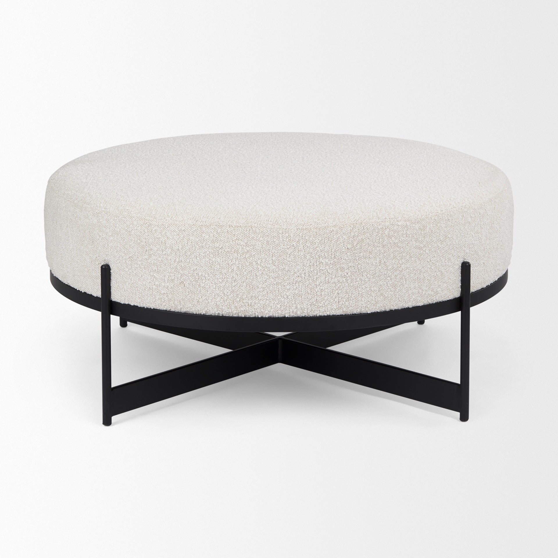 Amelia 35.8L x 35.8W x 17.5H Cream Boucle W/Black Metal Upholstered Ottoman - Dekor Butik