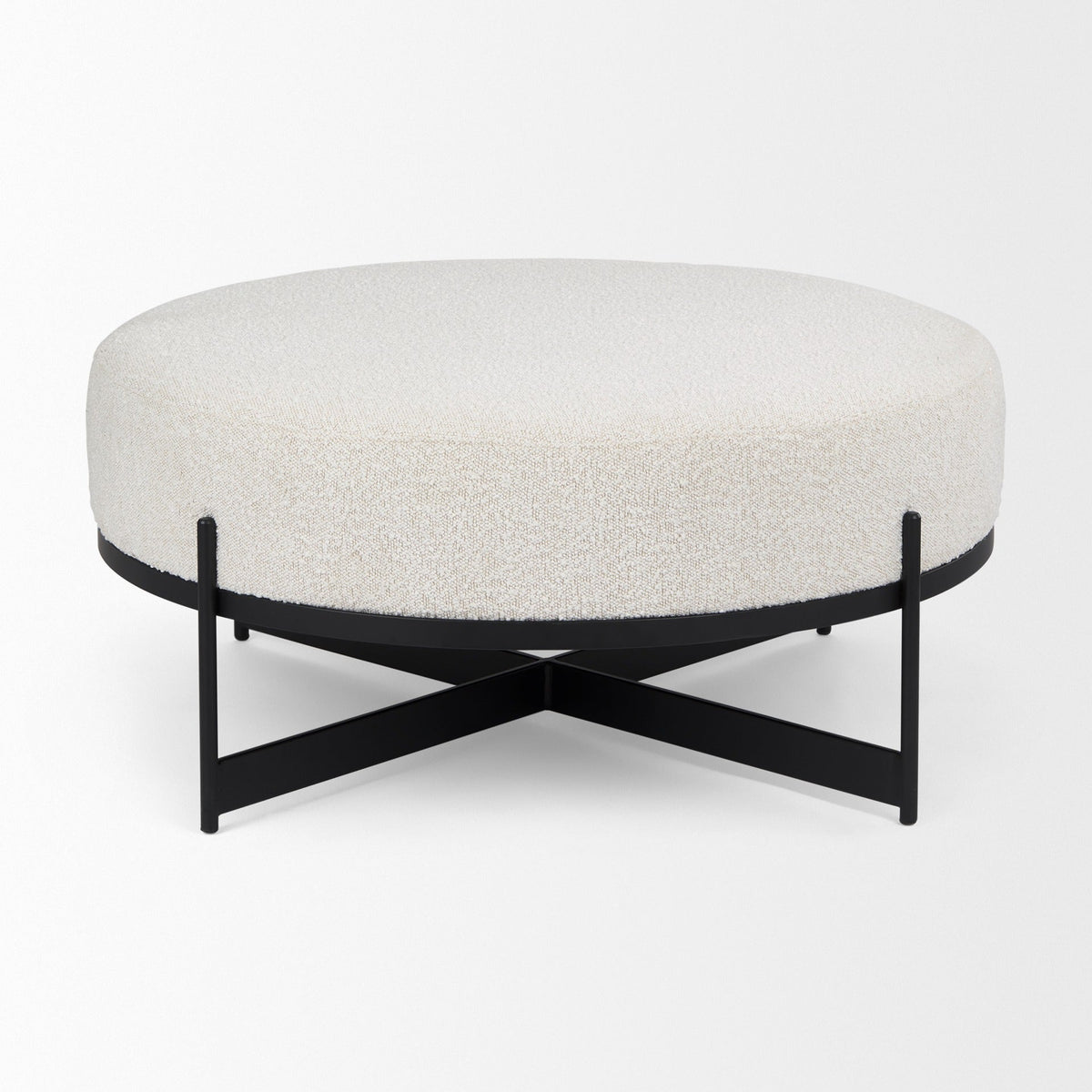 Amelia 35.8L x 35.8W x 17.5H Cream Boucle W/Black Metal Upholstered Ottoman - Dekor Butik