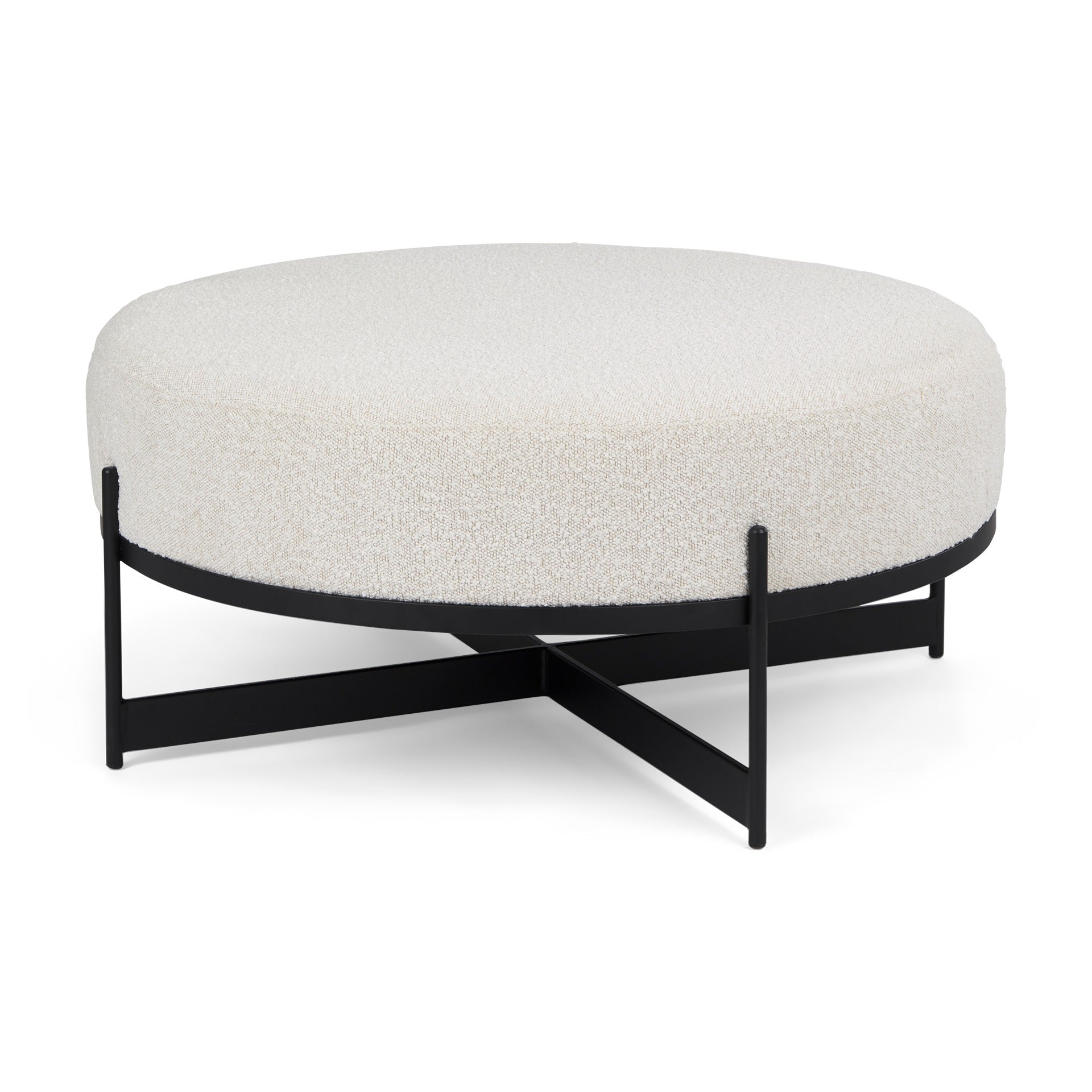 Amelia 35.8L x 35.8W x 17.5H Cream Boucle W/Black Metal Upholstered Ottoman - Dekor Butik