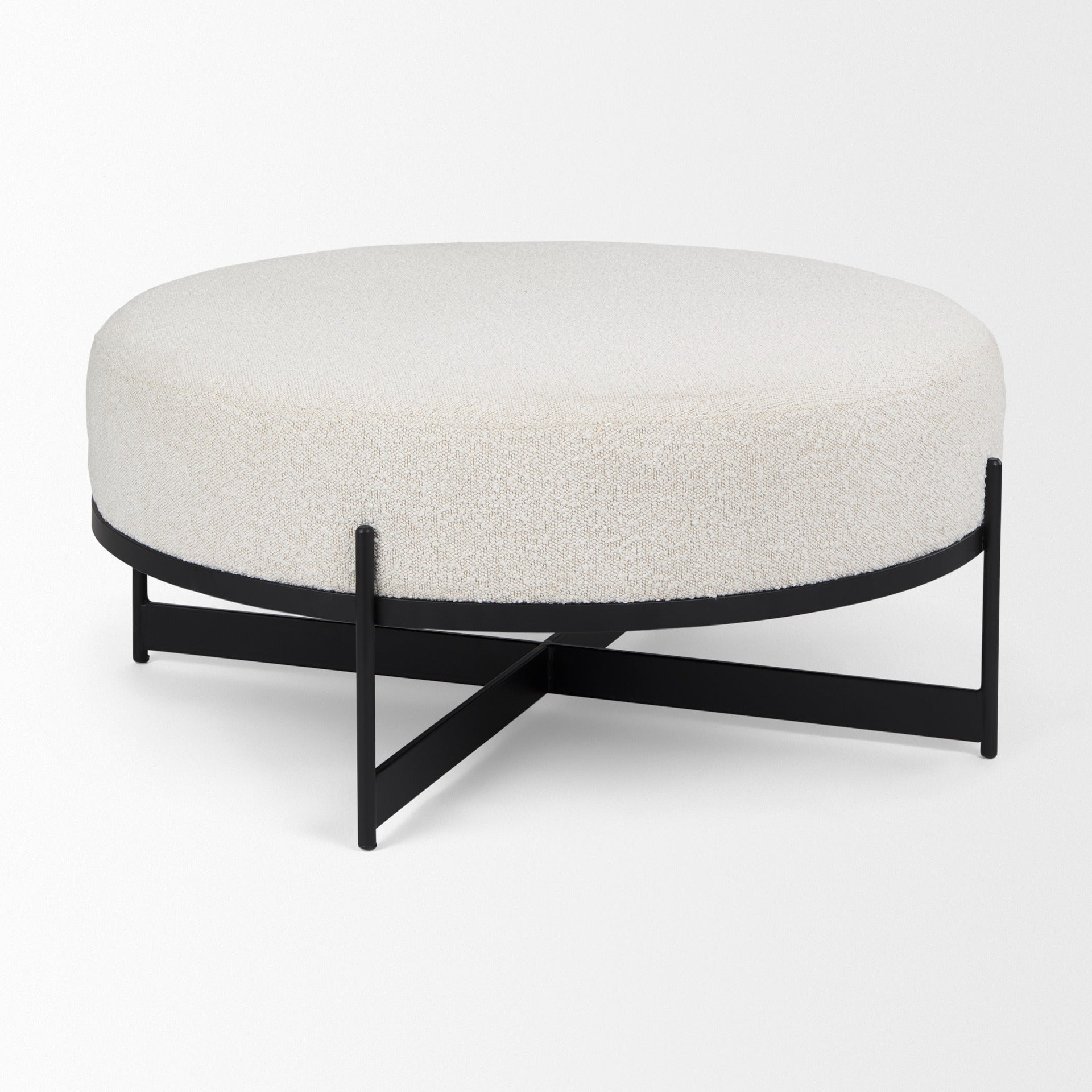 Amelia 35.8L x 35.8W x 17.5H Cream Boucle W/Black Metal Upholstered Ottoman - Dekor Butik