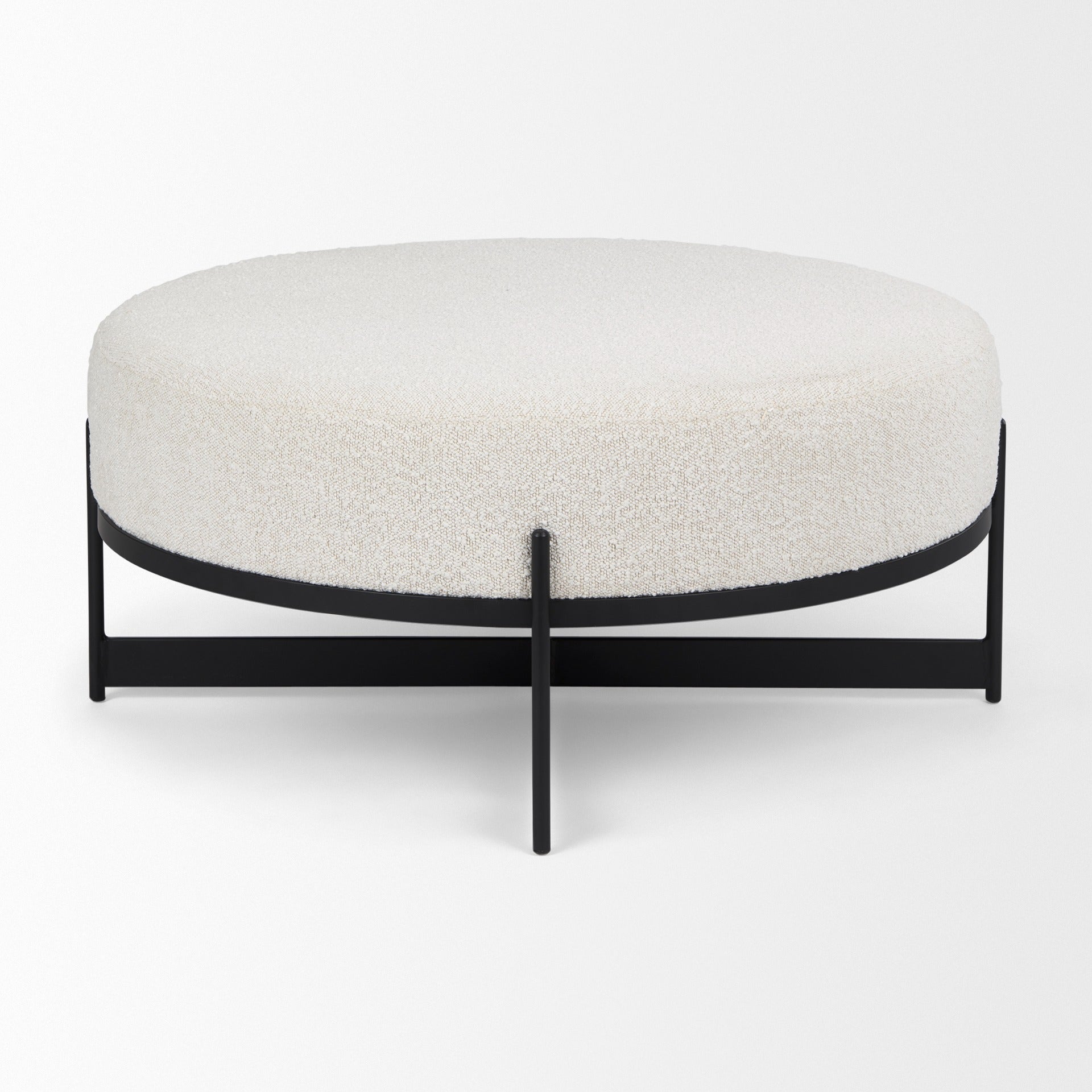 Amelia 35.8L x 35.8W x 17.5H Cream Boucle W/Black Metal Upholstered Ottoman - Dekor Butik