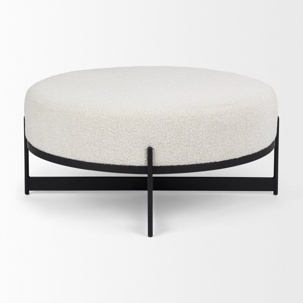 Amelia 35.8L x 35.8W x 17.5H Cream Boucle W/Black Metal Upholstered Ottoman - Dekor Butik