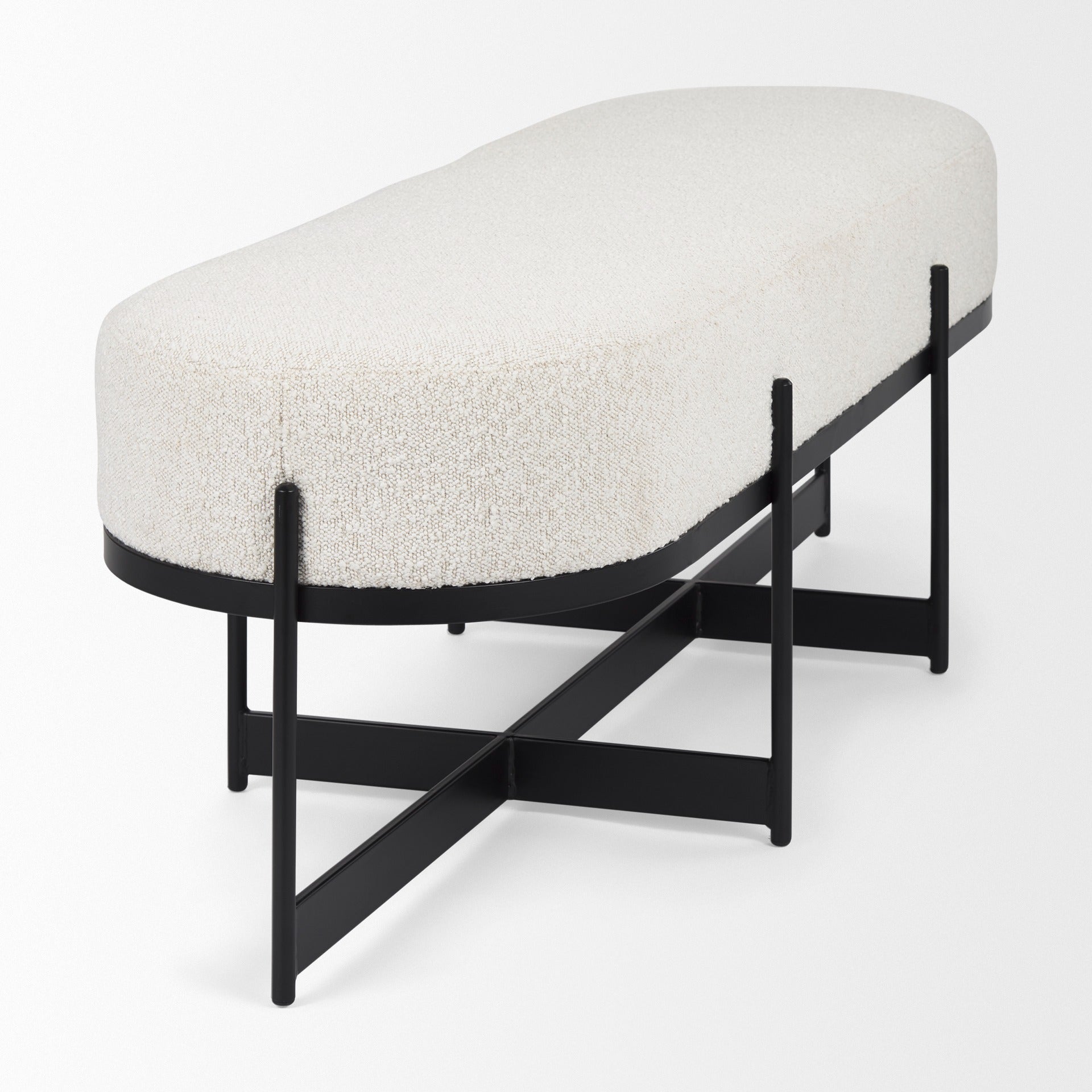 Amelia 55.0L x 18.0W x 18.0H Cream Boucle W/Black Metal Upholstered Bench - Dekor Butik